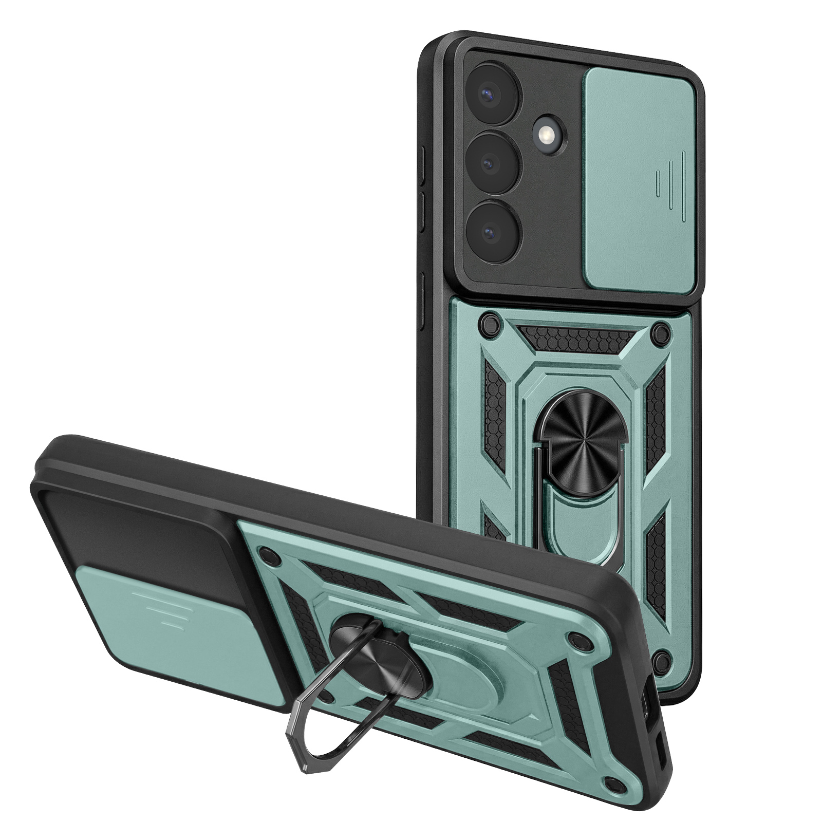 Twee tealkleurige telefoonhoesjes met camerahouders en ringhouders op wit.