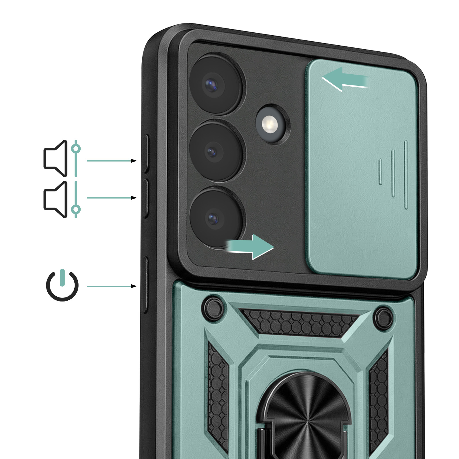 Close-up van een teal telefoonhoes met cameralenzen, knoppen en ringhouder.