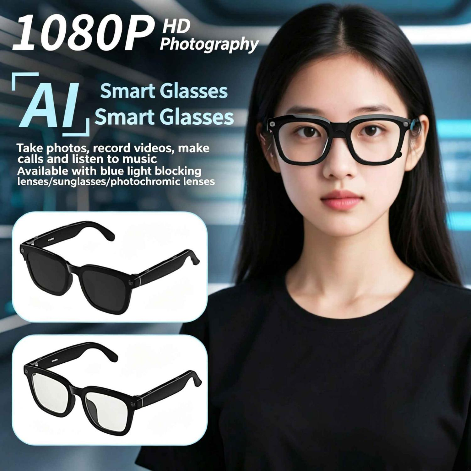 Frau trägt schwarze Smart Glasses. Zwei Paar Smart Glasses gezeigt.