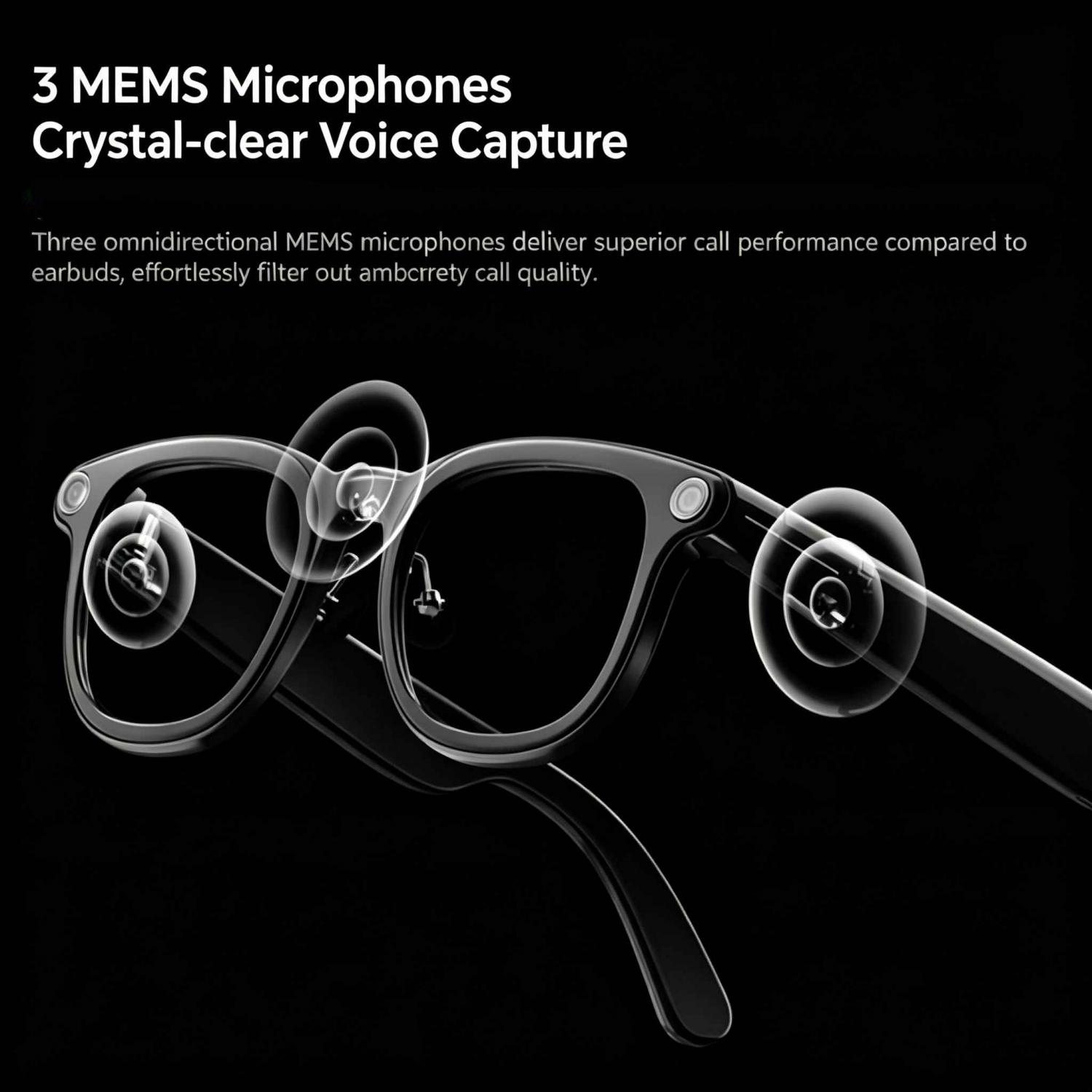 Schwarze Brille mit drei transparenten Mikrofonen auf dunklem Hintergrund.