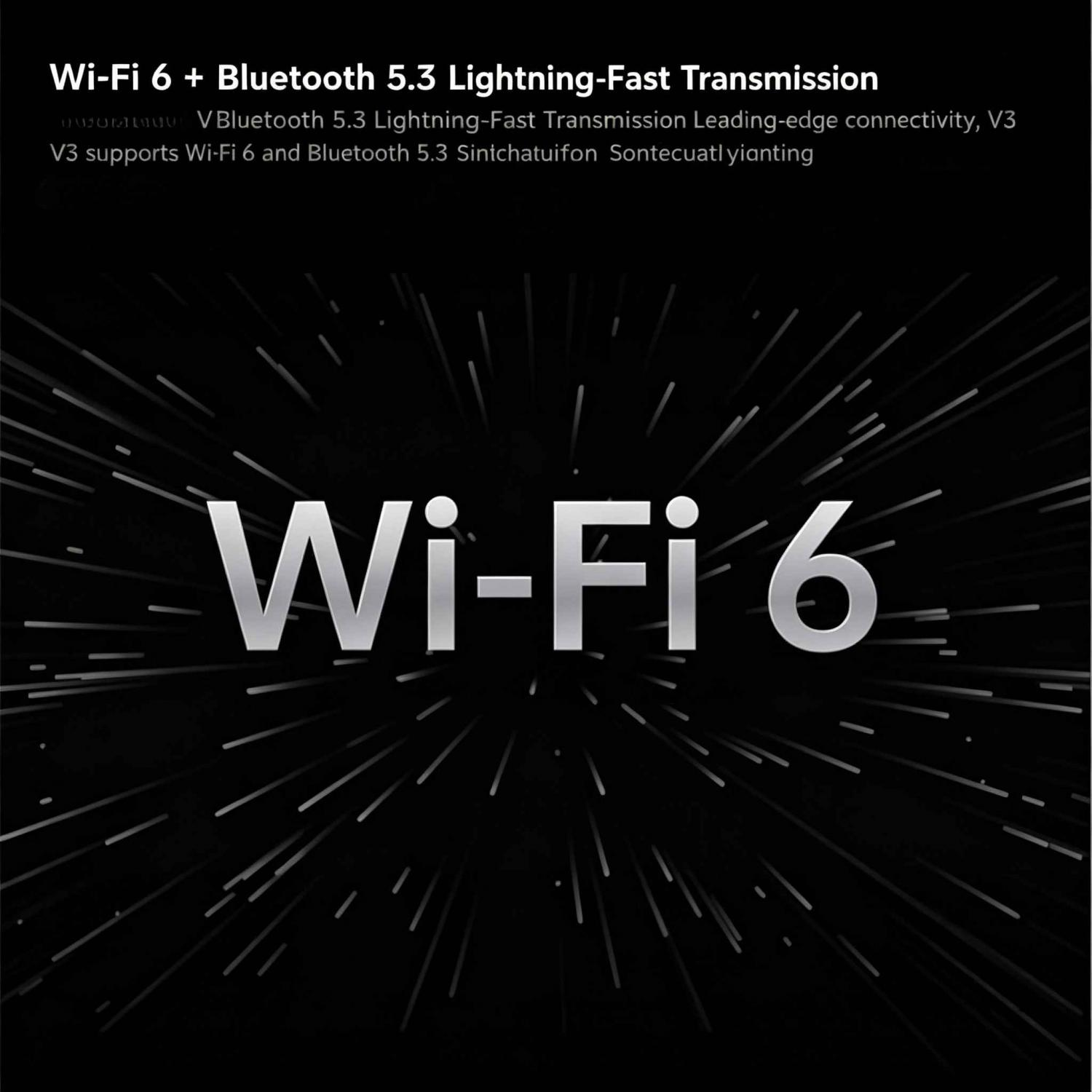 Wi-Fi 6 Logo auf schwarzem Hintergrund mit Lichtstrahlen.