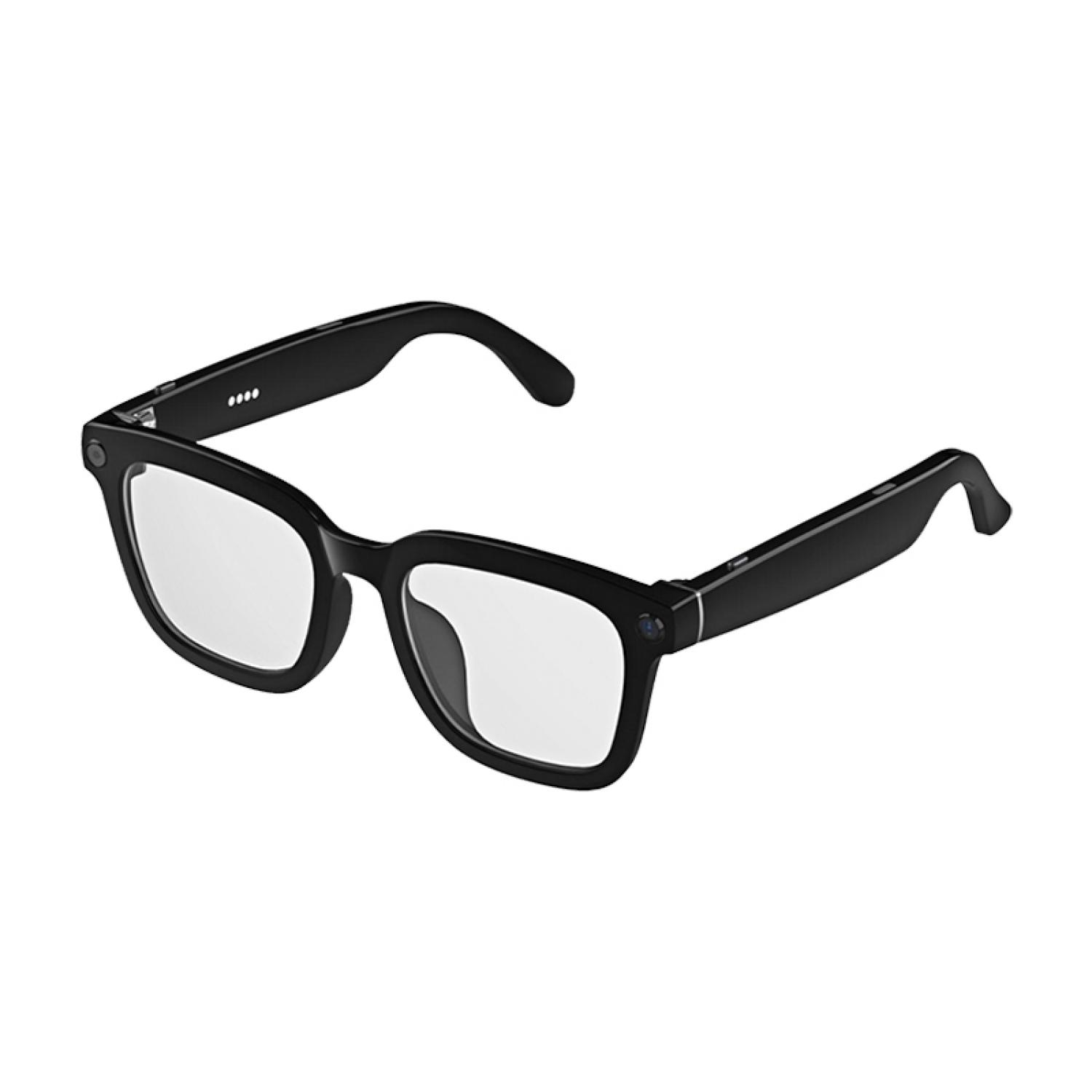 Schwarze Smart-Brille mit modernem rechteckigem Rahmen und klaren Gläsern.