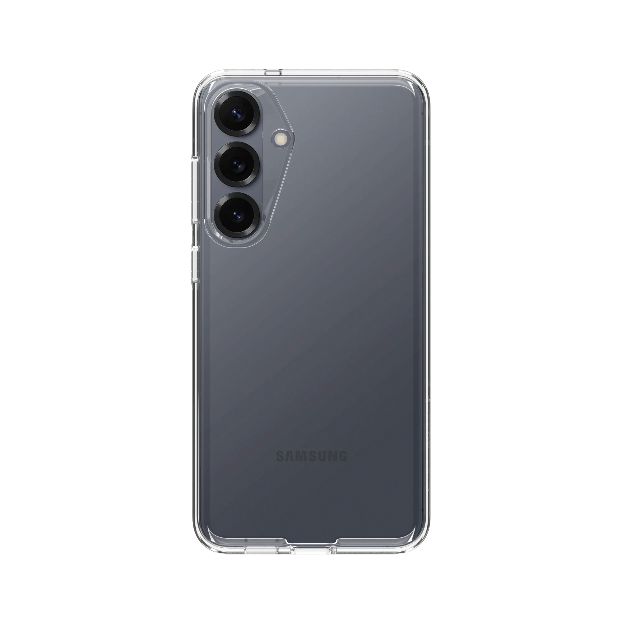 Une coque de téléphone transparente avec trois appareils photo et un flash.