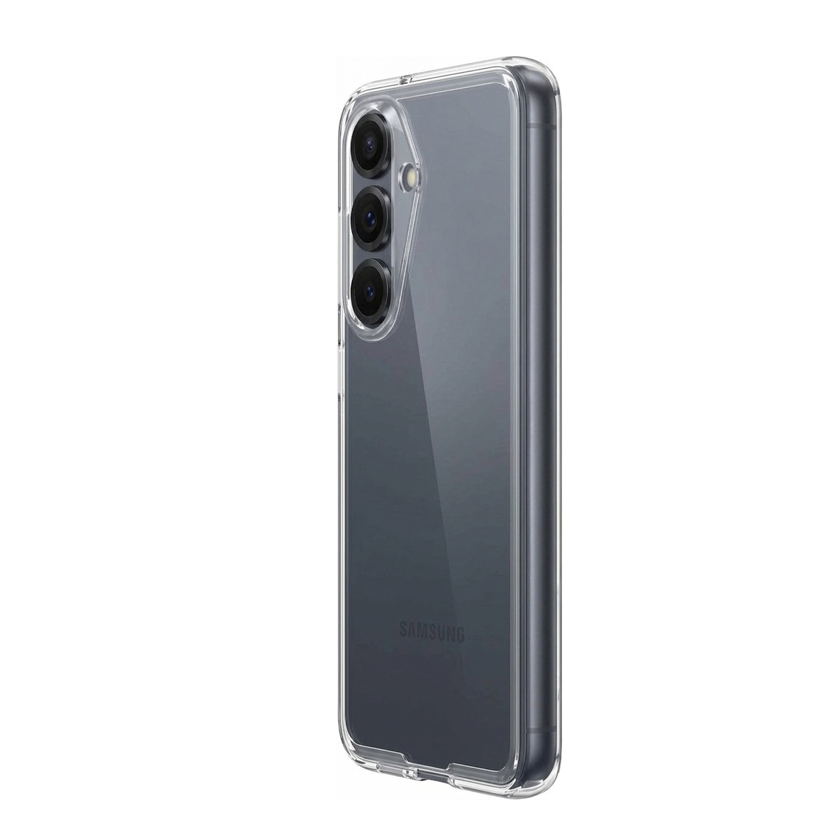 Een doorzichtige telefoonhoes met drie camera's aan de achterkant.