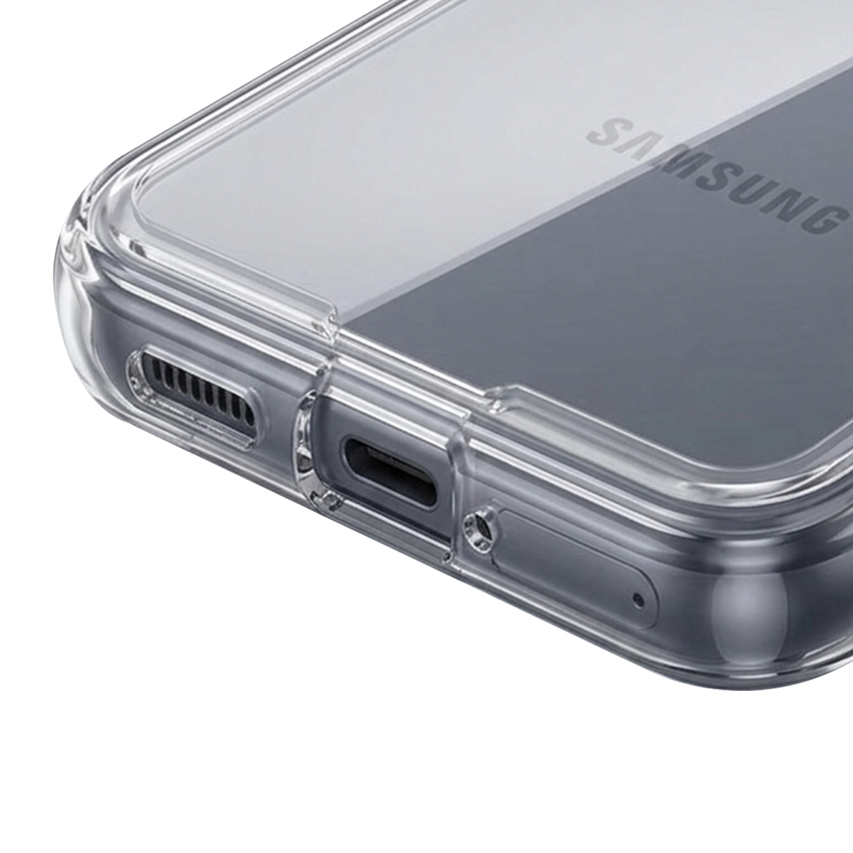 Transparante telefoonhoes met Samsung-logo en oplaadpoort.