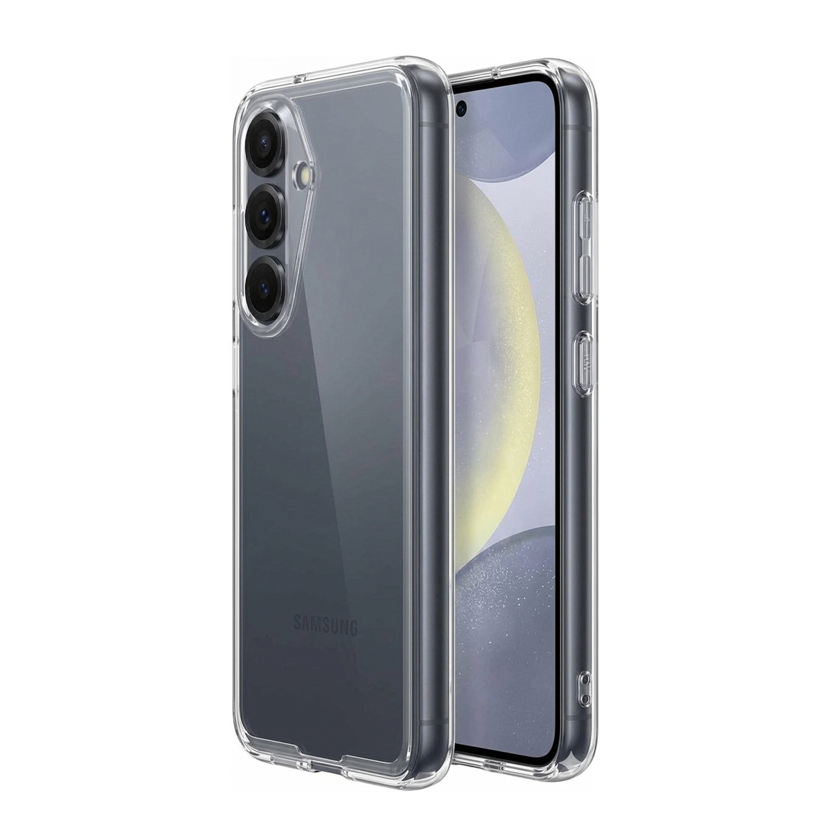 Een doorzichtige telefoonhoes met drie camera's op de achterkant van een smartphone.