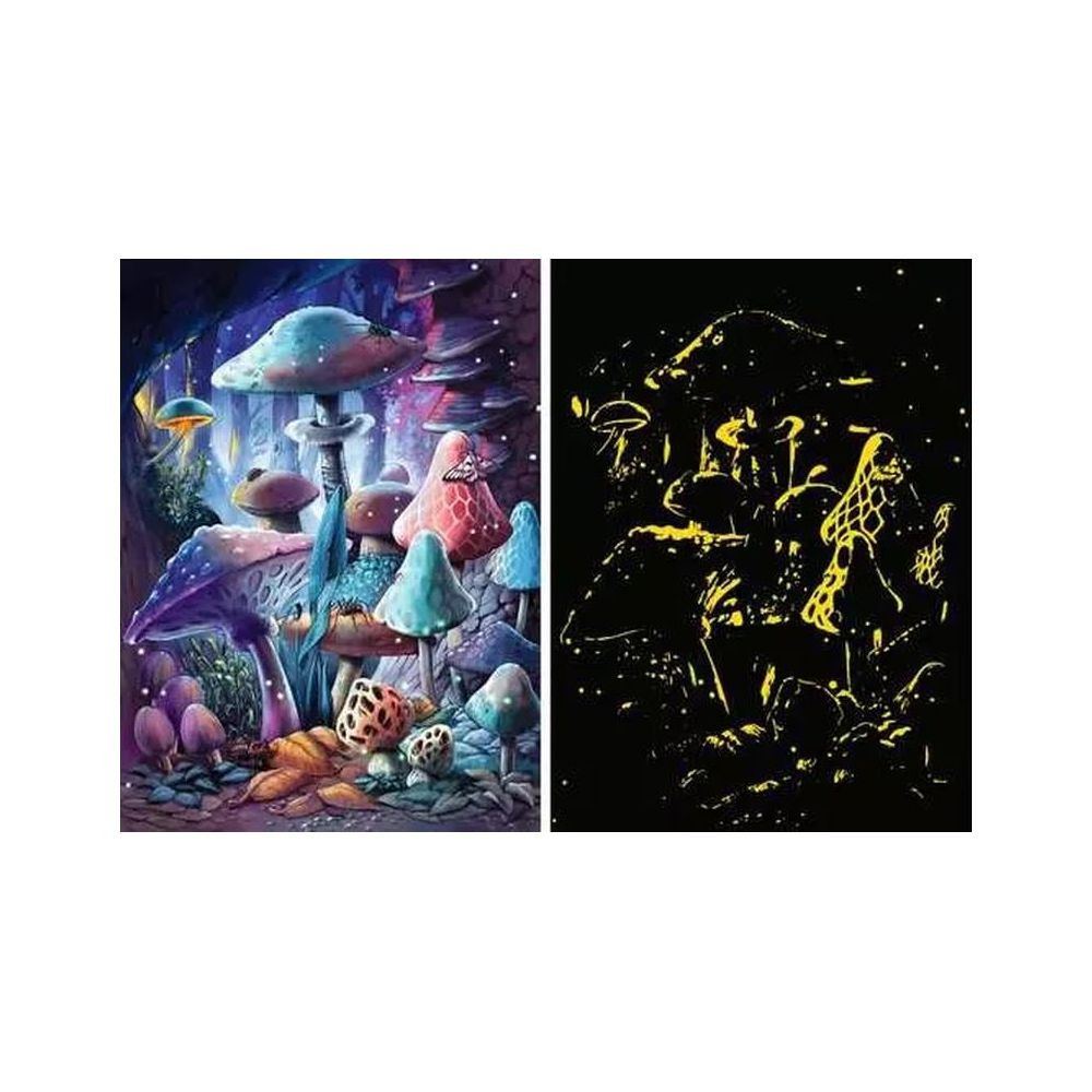 Un collage di due immagini di funghi. A sinistra colorato, a destra nero con contorni gialli.
