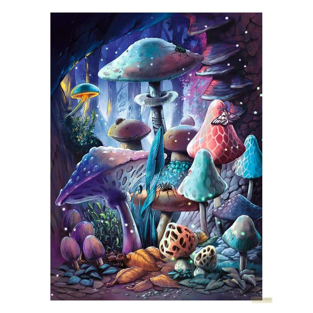 Funghi colorati in una foresta con insetti e luce scintillante.