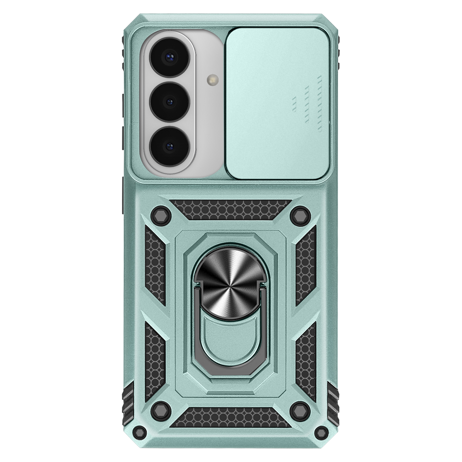Een teal telefoonhoes met schuifbare cameralensafdekking en metalen ringstandaard.