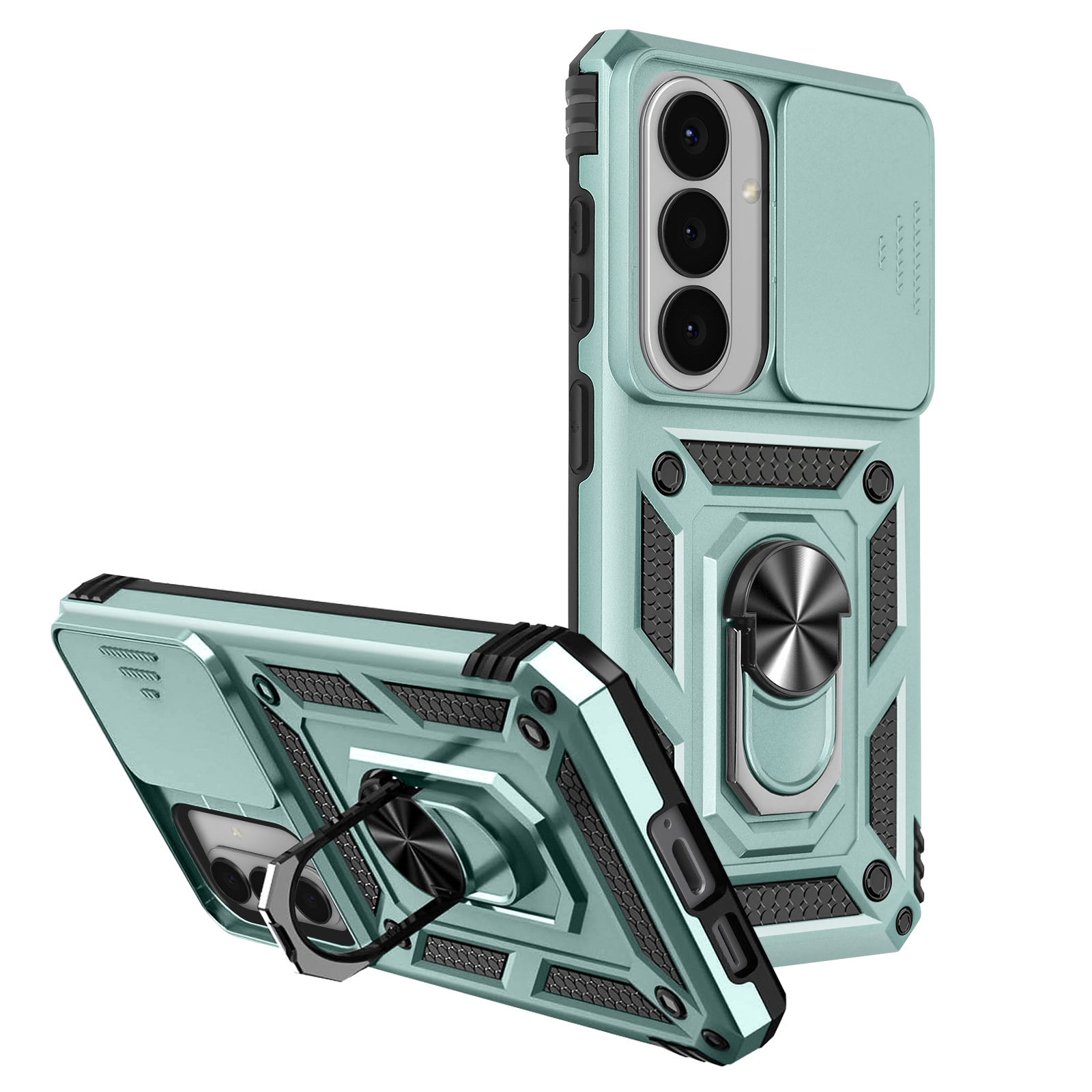 Twee teal telefoonhoesjes met ringhouders en camerabeschermers.
