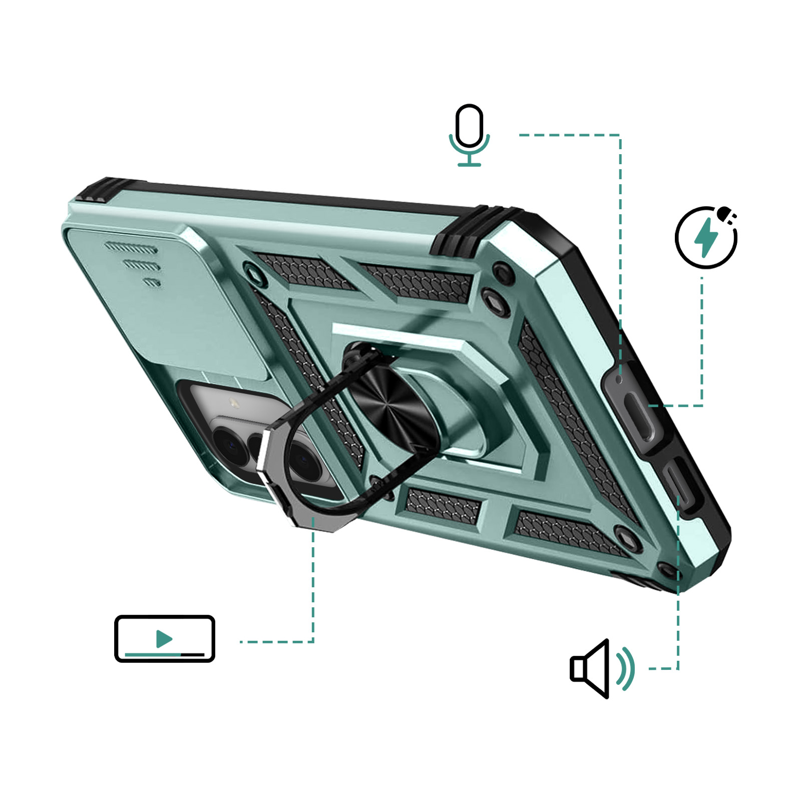 Turquoise telefoonhoes met ringhouder, camerahoes en iconen voor microfoon, opladen, video, luidspreker.
