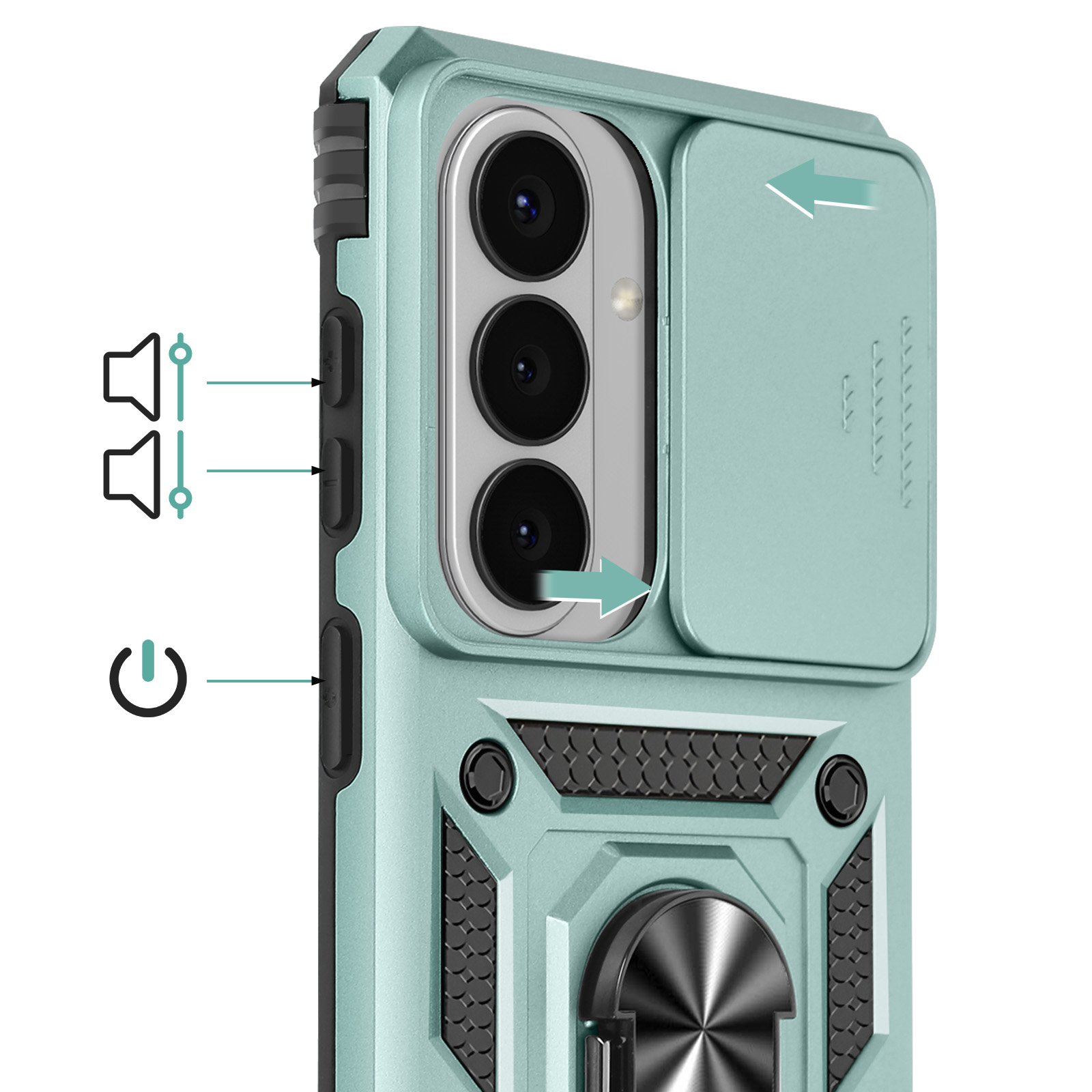 Turquoise telefoonhoesje met camerahoesje, volume- en aan/uit-knoppen.