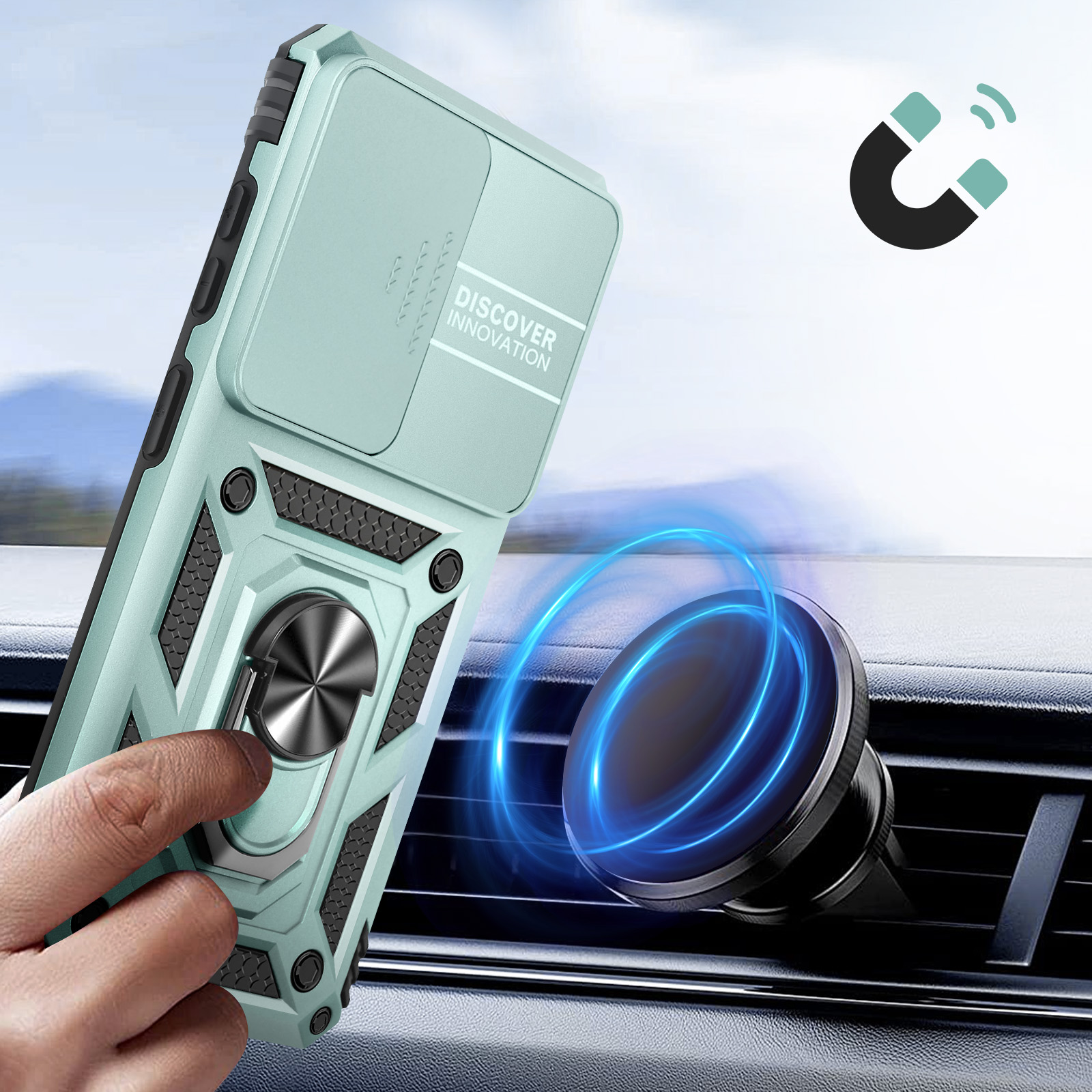 Een muntgroene telefoonhoes met cameralenscover en ringhouder aan een auto-air vent.