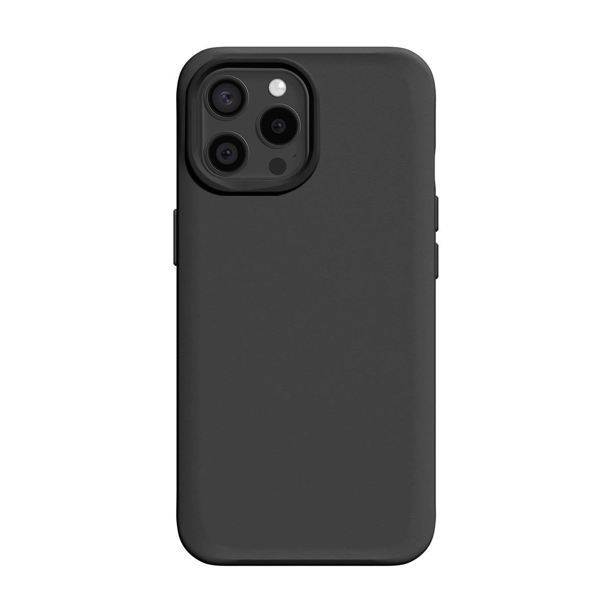 Zwarte telefoonhoes met drievoudige camera-uitsparing aan de achterkant.