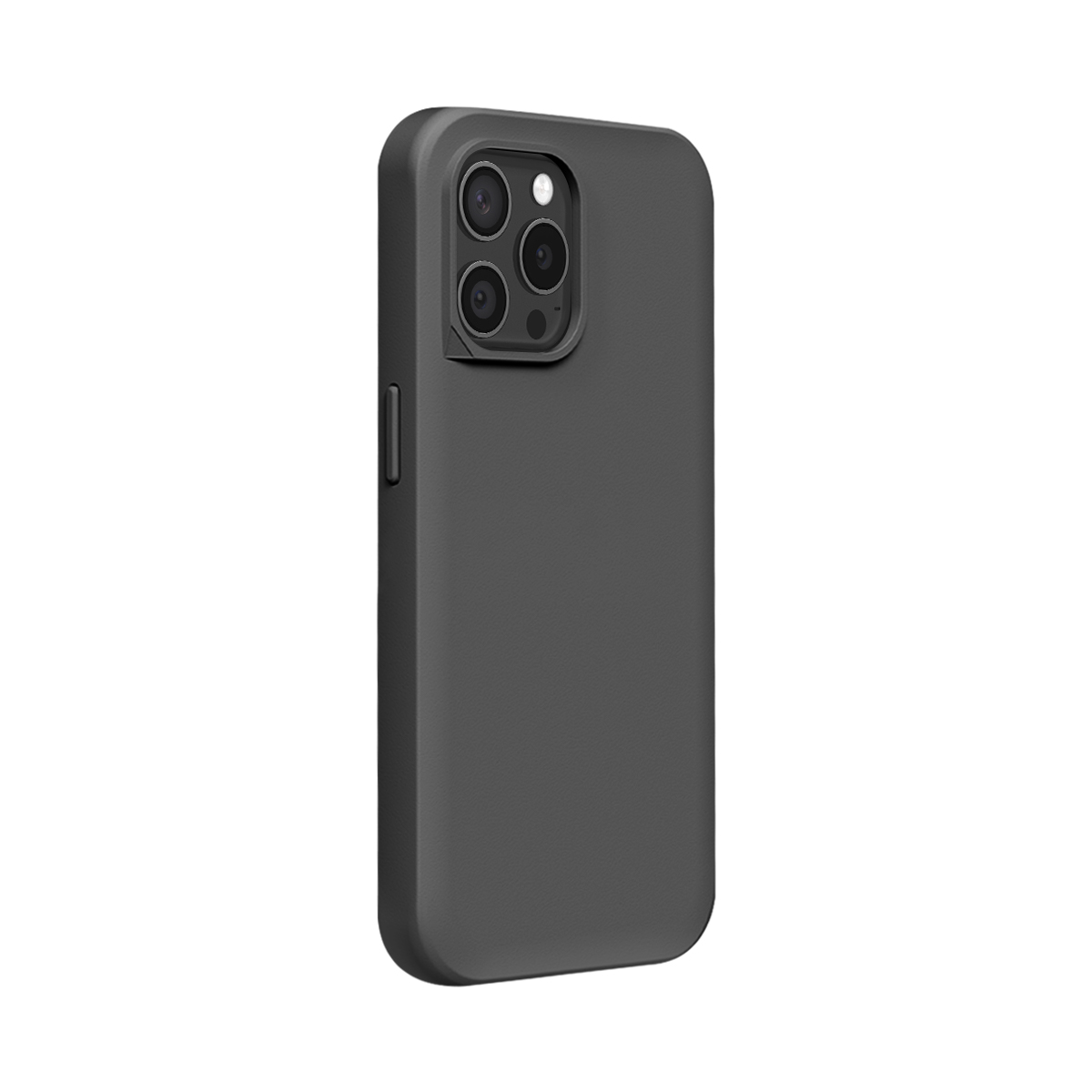 Donkergrijs telefoonhoesje met drievoudige cameralens aan de achterkant.