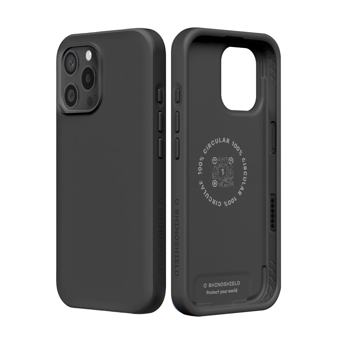 Twee zwarte telefoonhoesjes naast elkaar, één open met tekst aan de binnenkant.