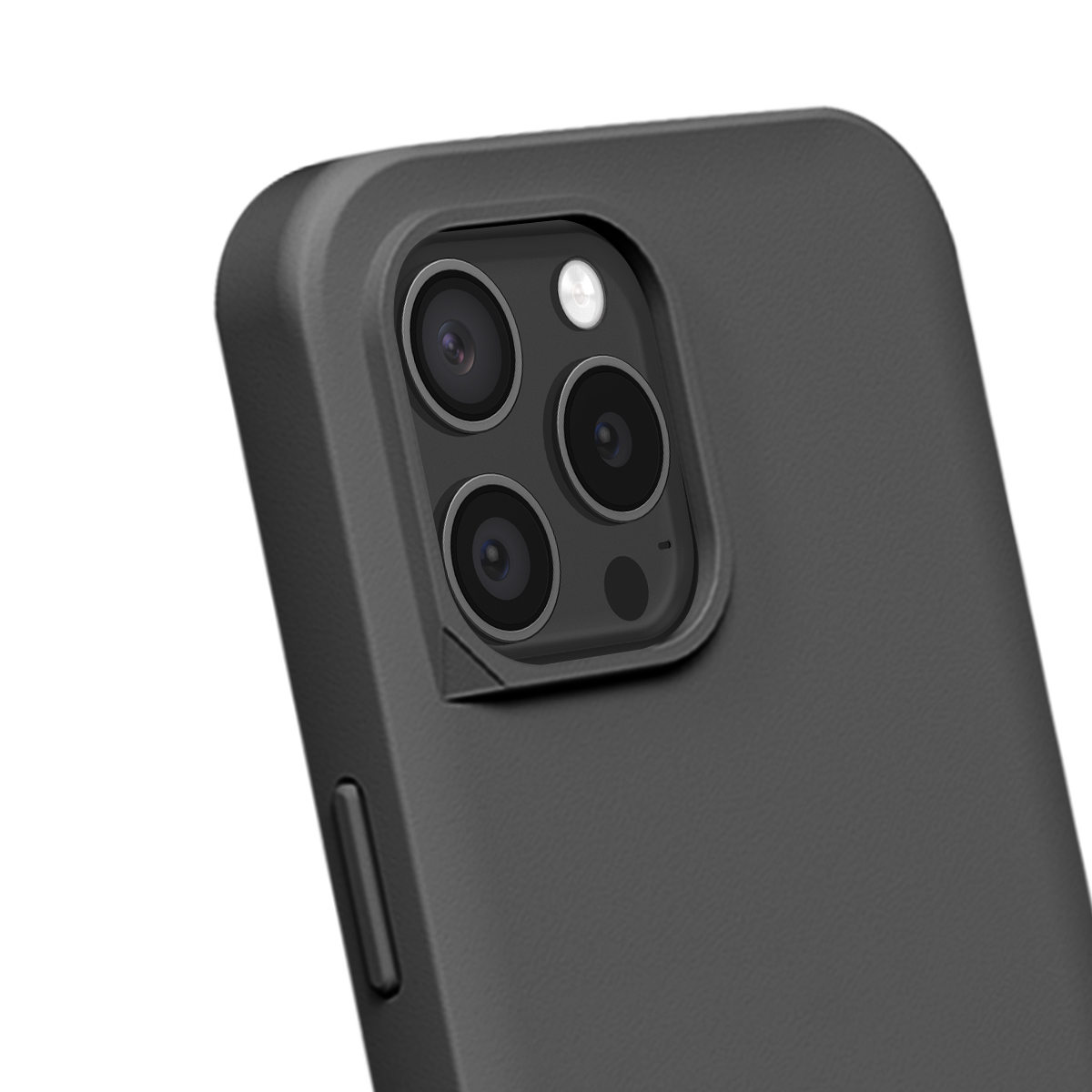 Close-up van een zwarte telefoonhoes met drievoudige camera en flitser.