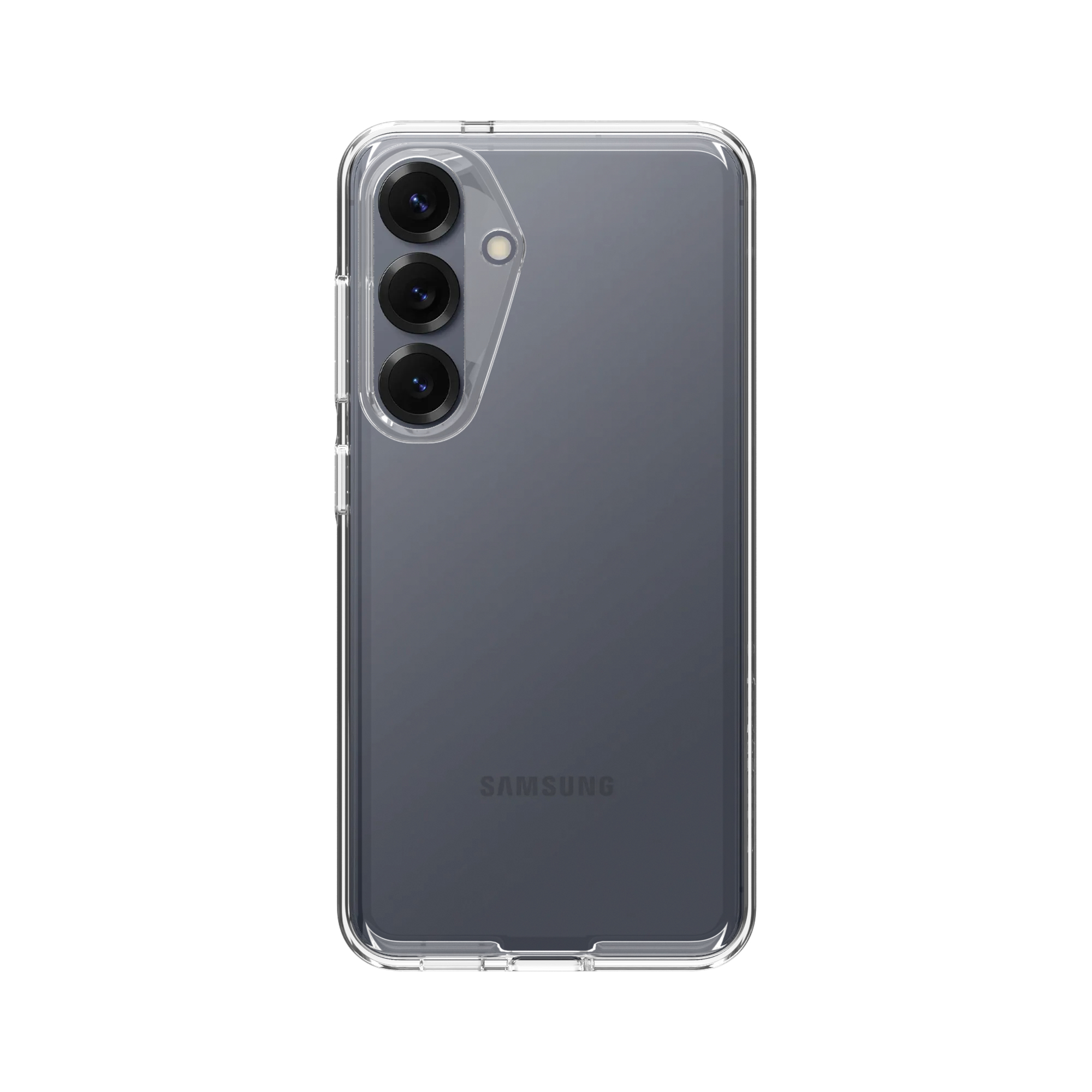 Transparante telefoonhoes met drievoudige camera en Samsung-logo.