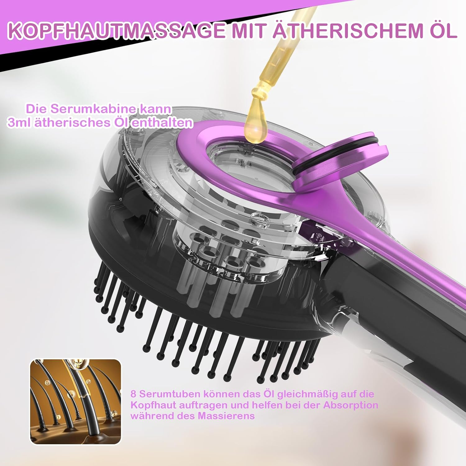 Kopfhautmassagegerät mit Serumapplikator und Öltropfen.