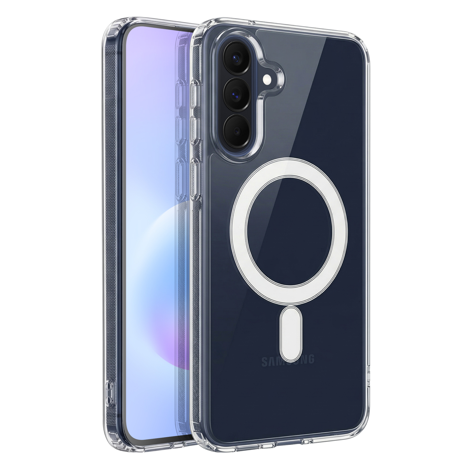 Een doorzichtige telefoonhoes met MagSafe-houder aan de achterkant.