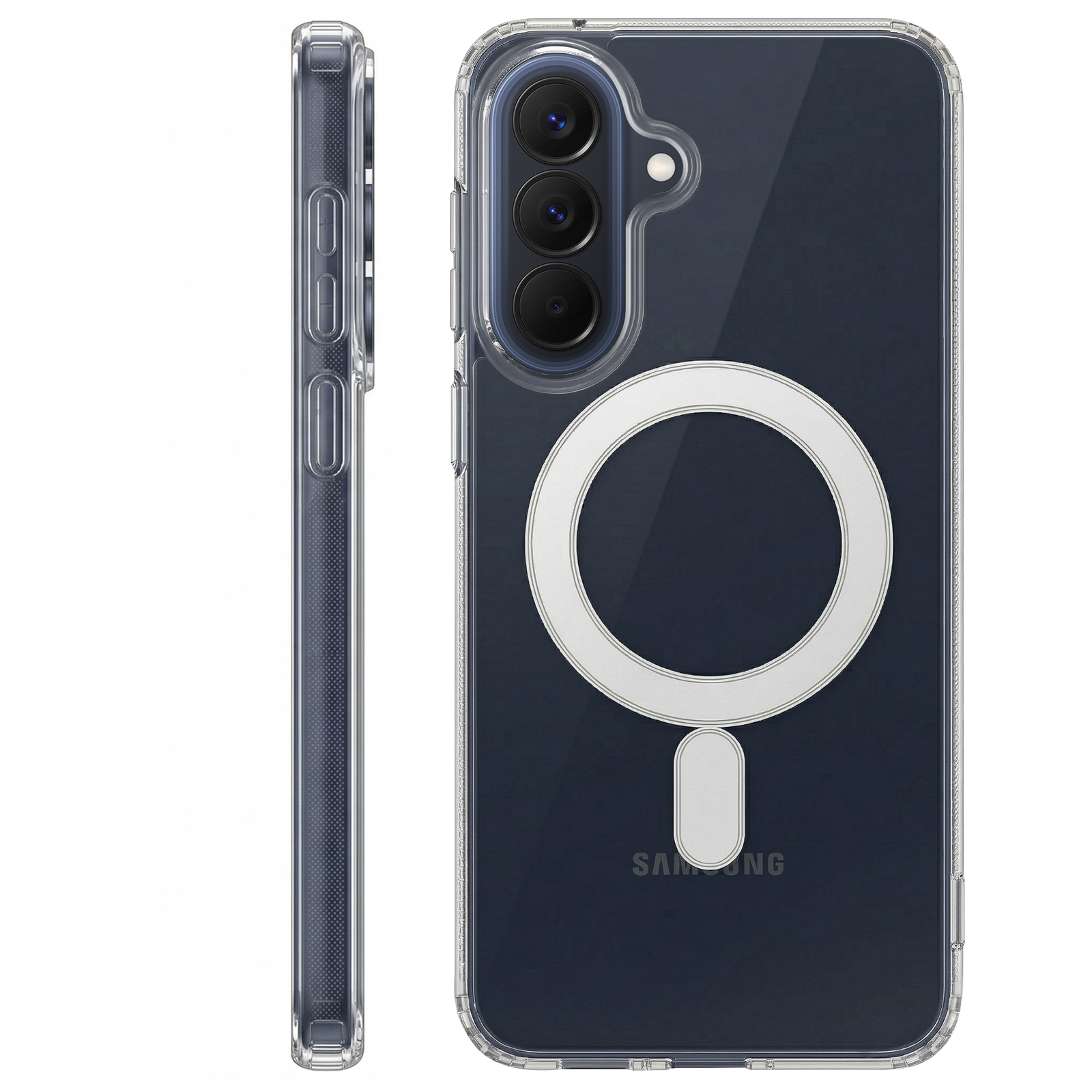 Doorzichtige telefoonhoes met drie camera's en een witte magneetring.