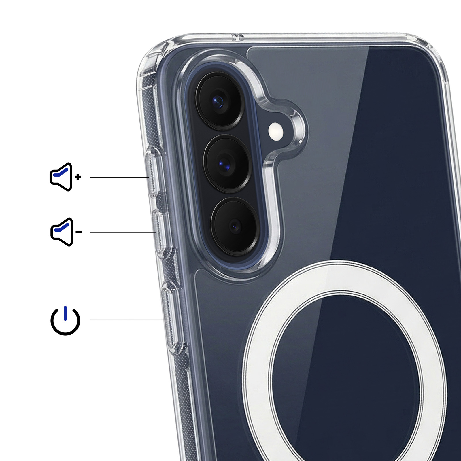 Transparante telefoonhoes met drie camera's, volumeknoppen en aan/uitknop.
