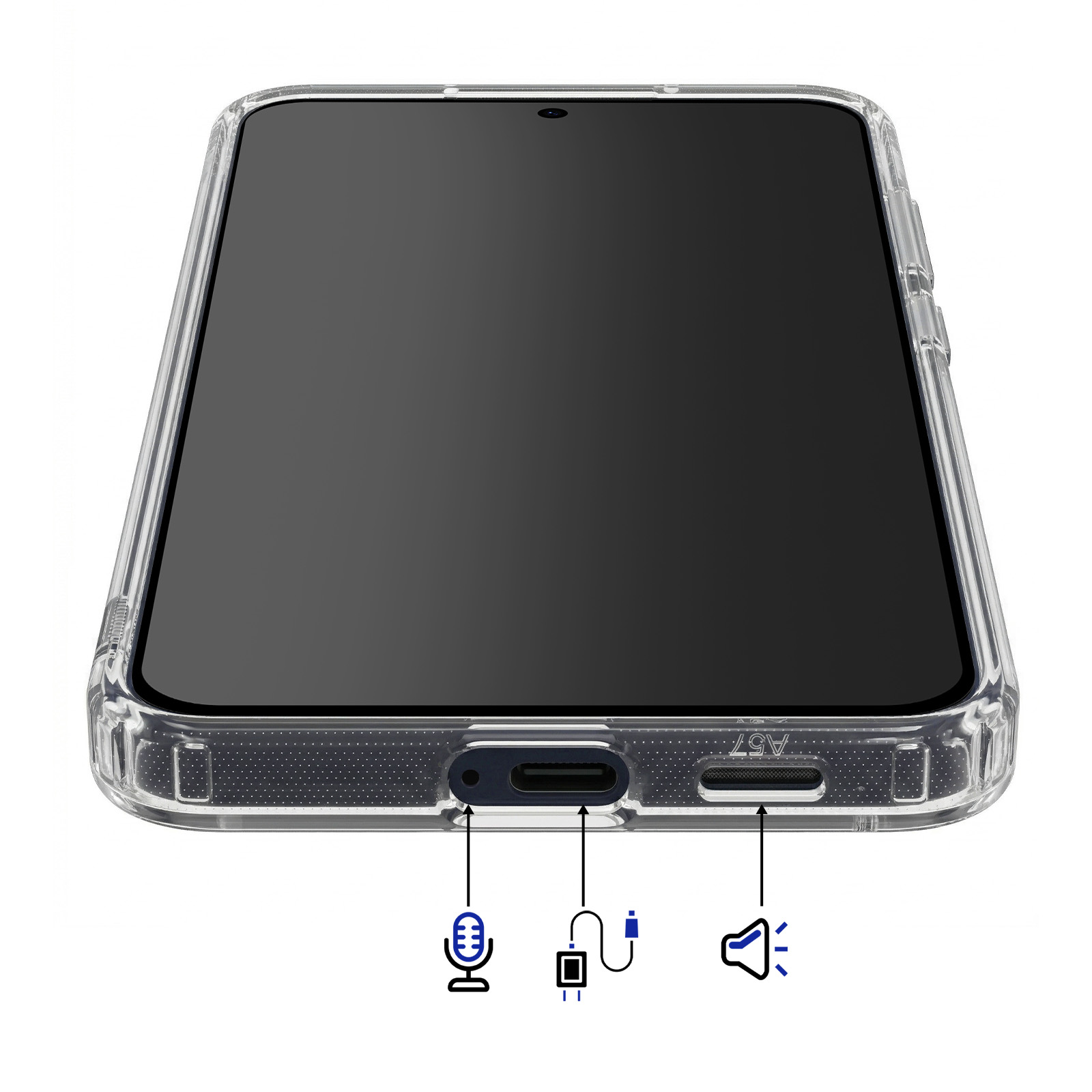 Transparante telefoonhoes toont onderste poorten: microfoon, USB-C, luidspreker. A57-label zichtbaar.