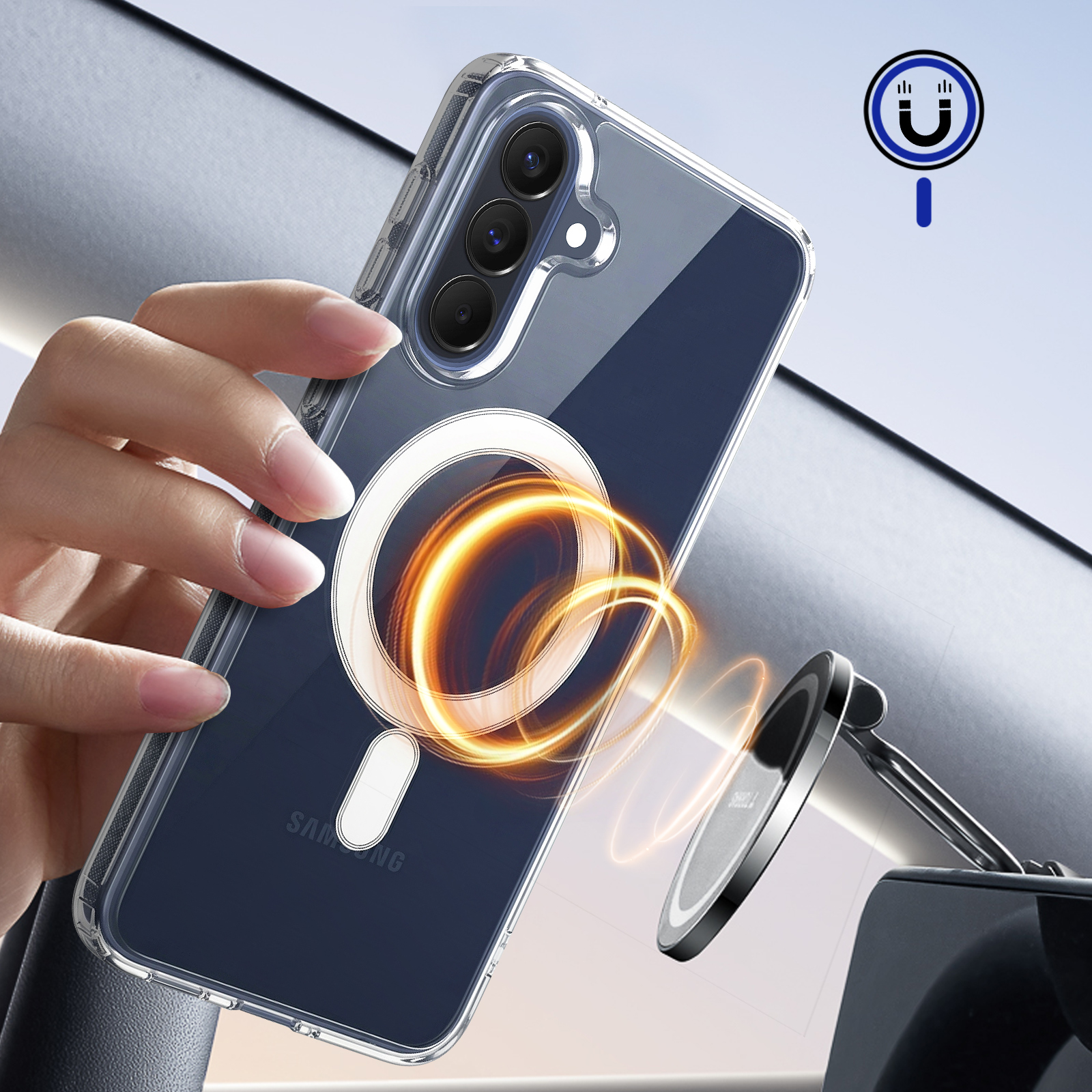 Een hand houdt een doorzichtige telefoonhoes met magneetring en indicator vast.