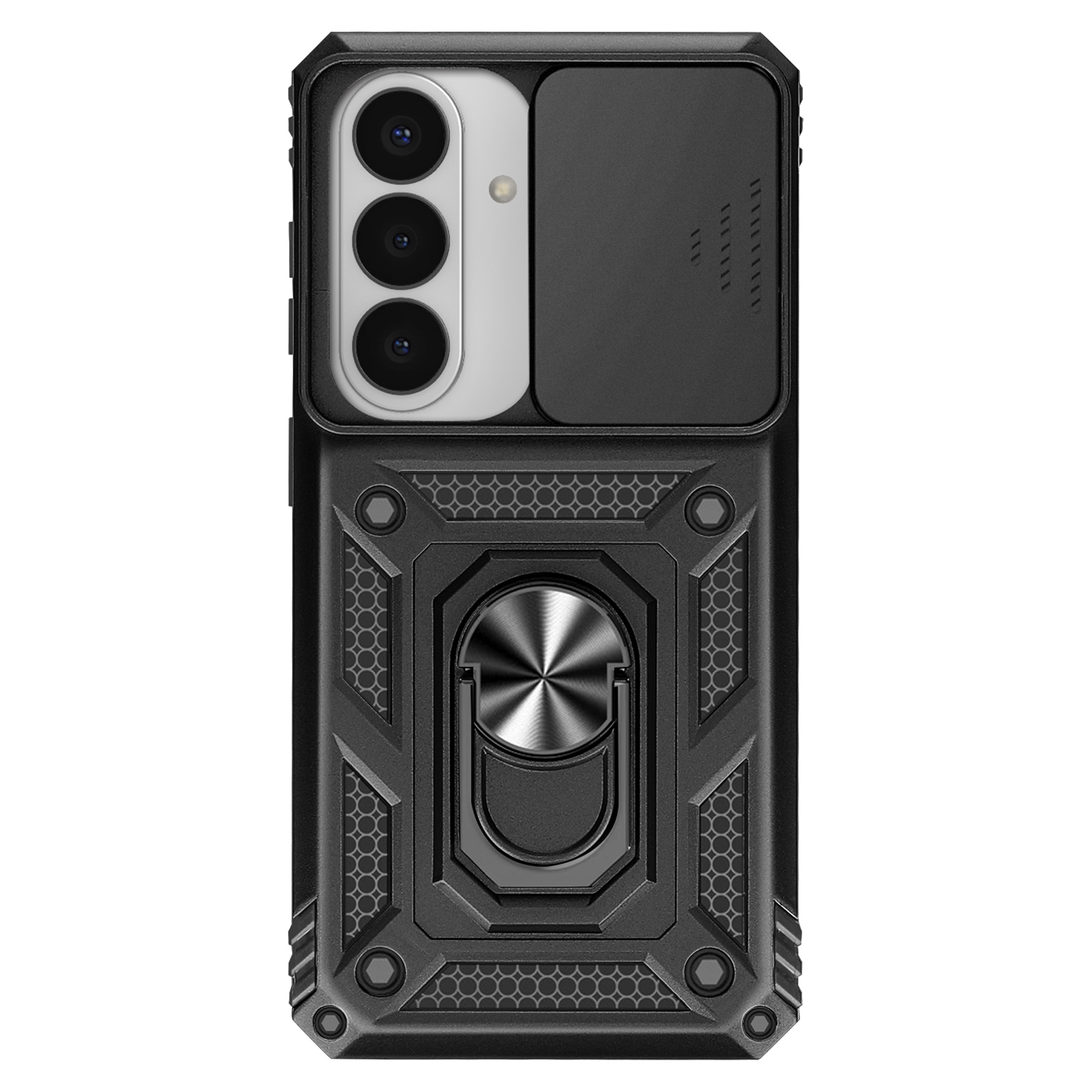 Coque de téléphone noire avec trois caméras, un cache coulissant et un support anneau.