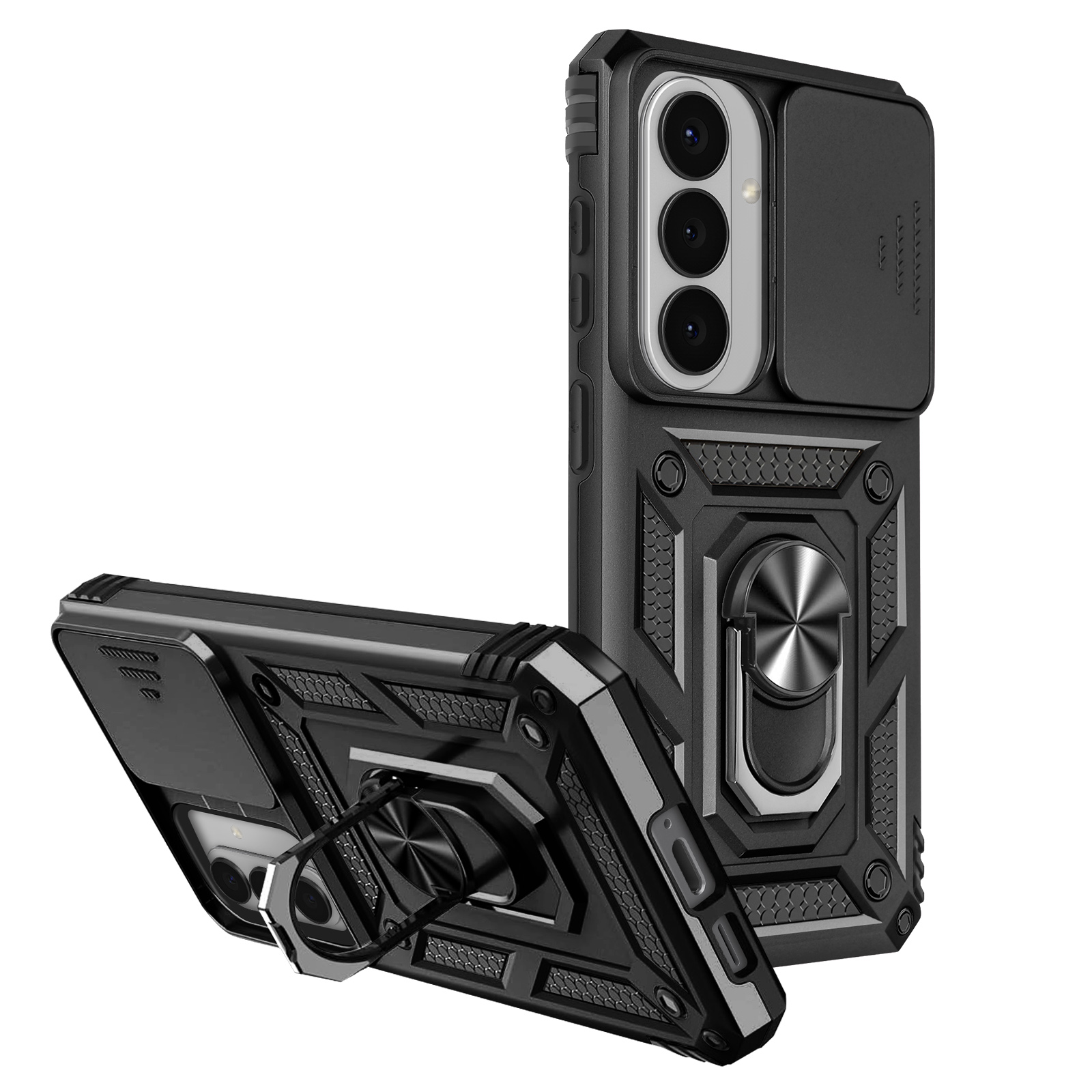 Deux coques de téléphone noires avec support anneau et cache caméra sur fond blanc.