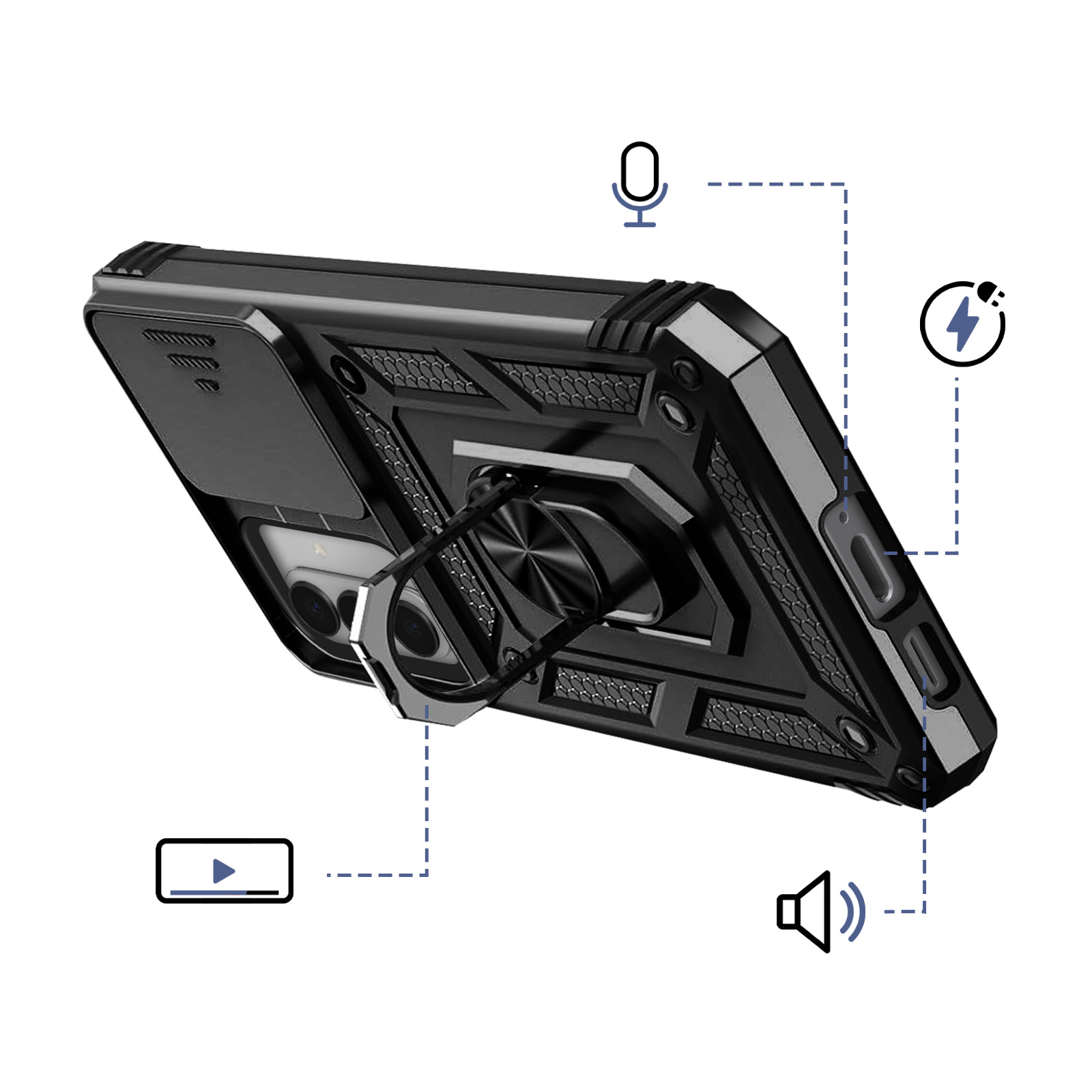 Coque de téléphone noire avec support anneau, curseur caméra et icônes son, micro et charge.