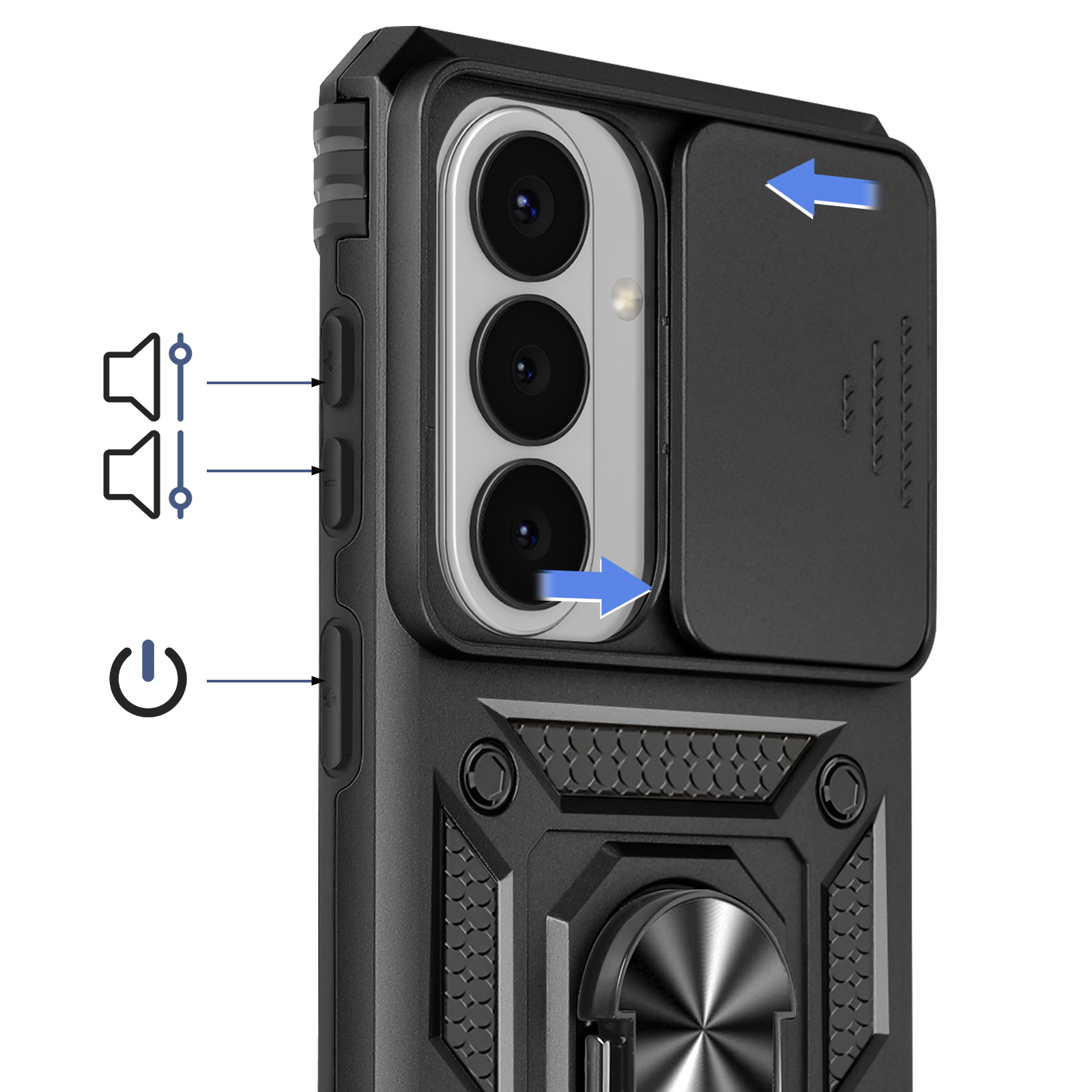 Coque de téléphone noire avec cache caméra, boutons volume et marche/arrêt.