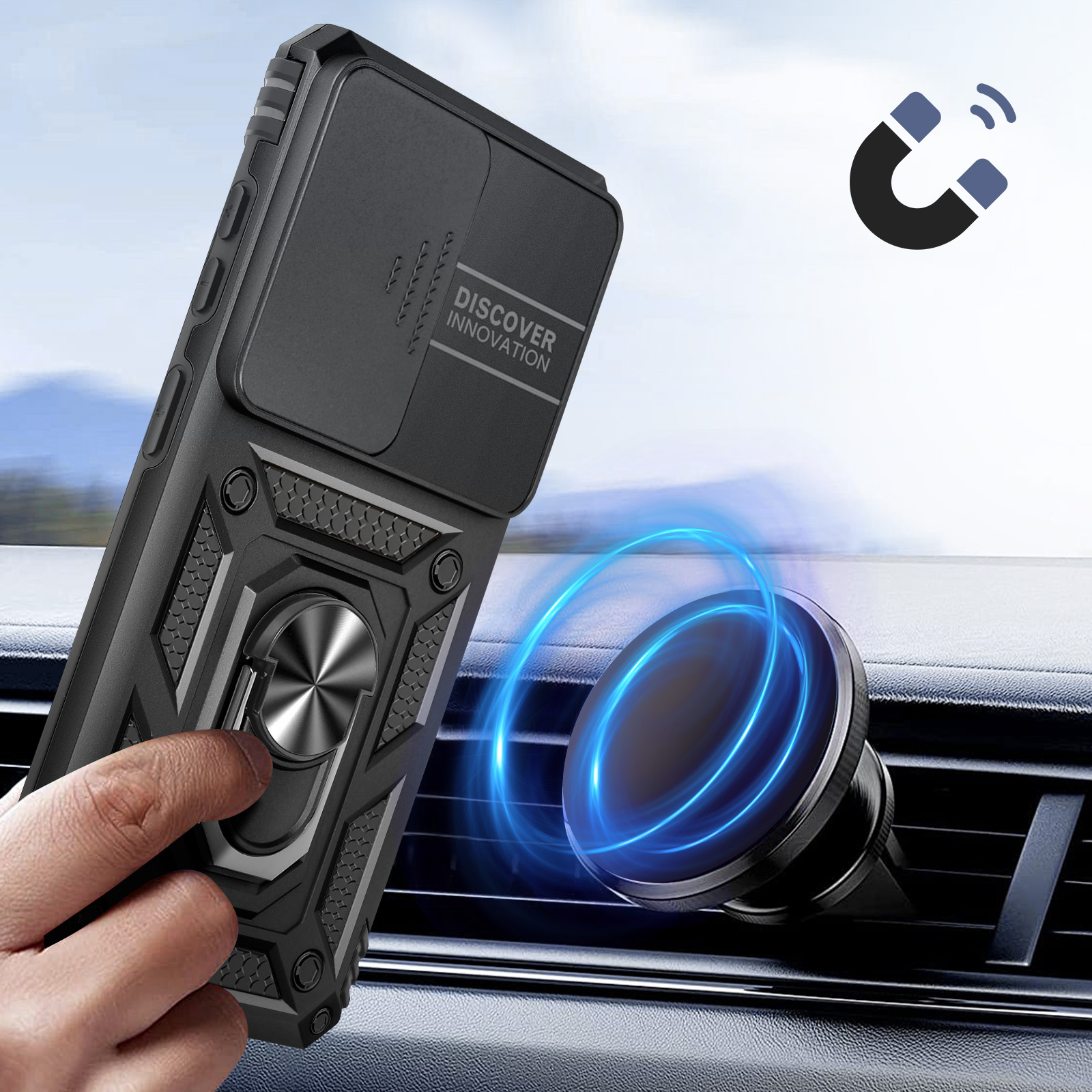 Coque de téléphone noire avec support bague, support voiture magnétique et graphique aimant.
