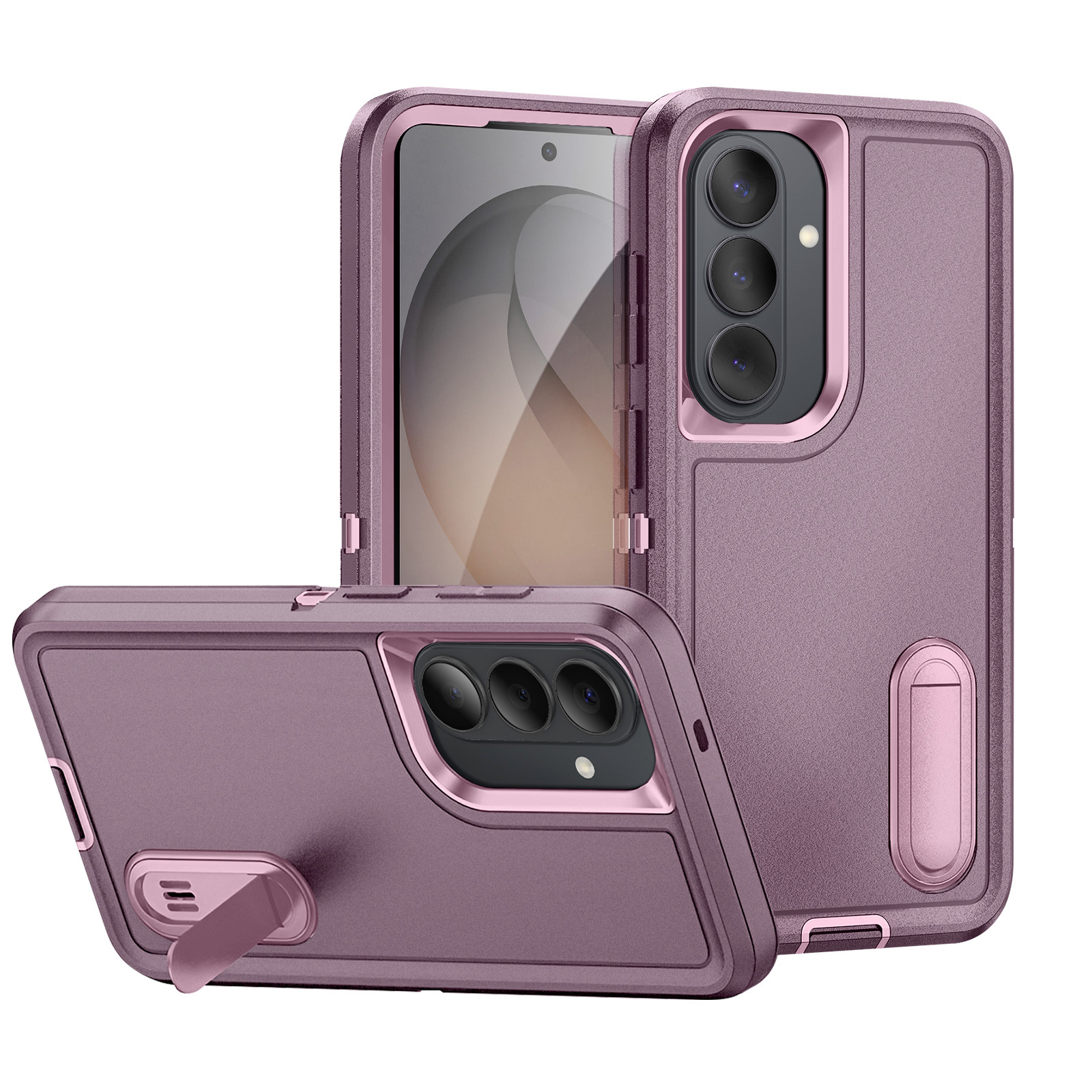 Twee paarse telefoonhoesjes met standaard, één rechtopstaand, één liggend.