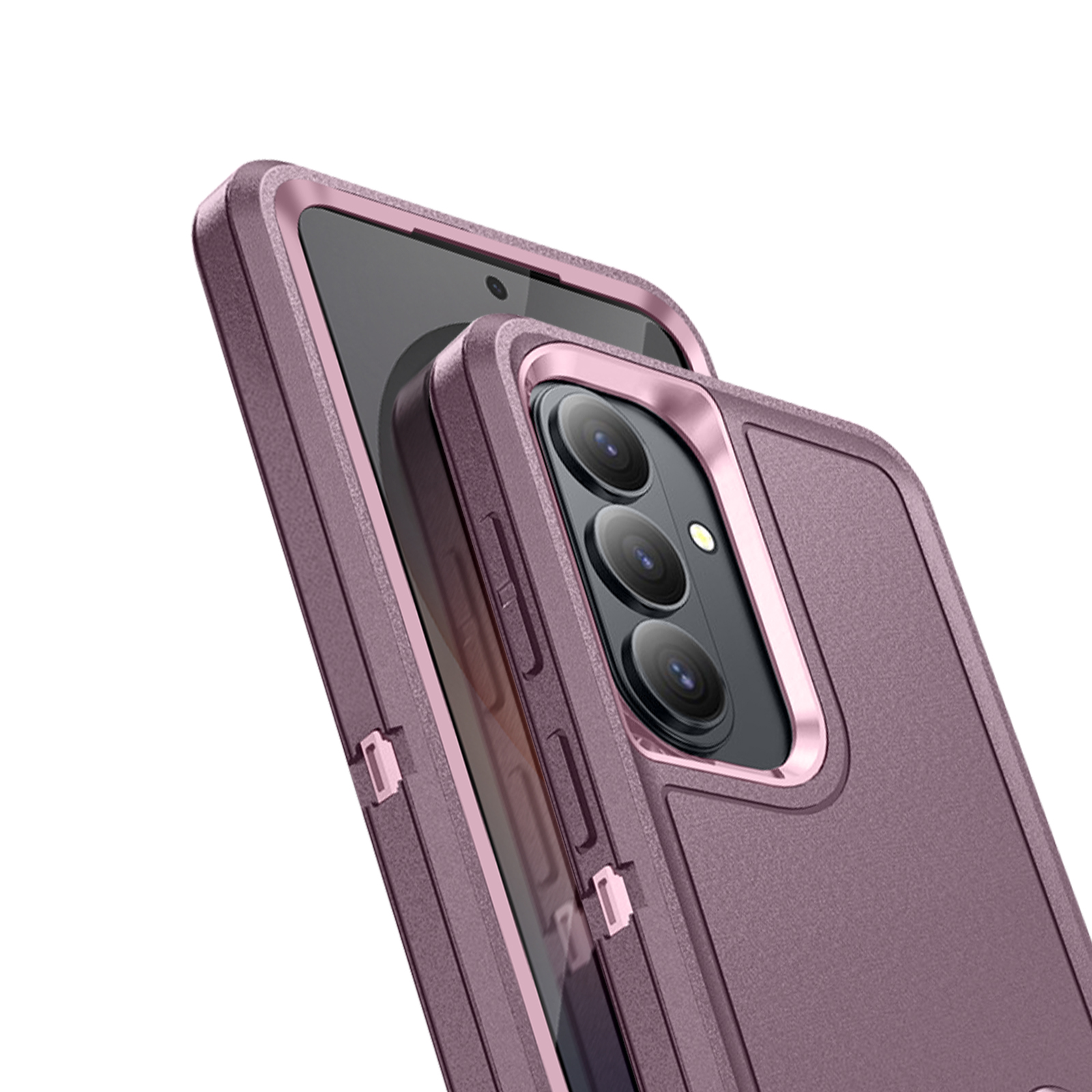 Paarse telefoonhoes met drievoudige camera en roségouden rand.