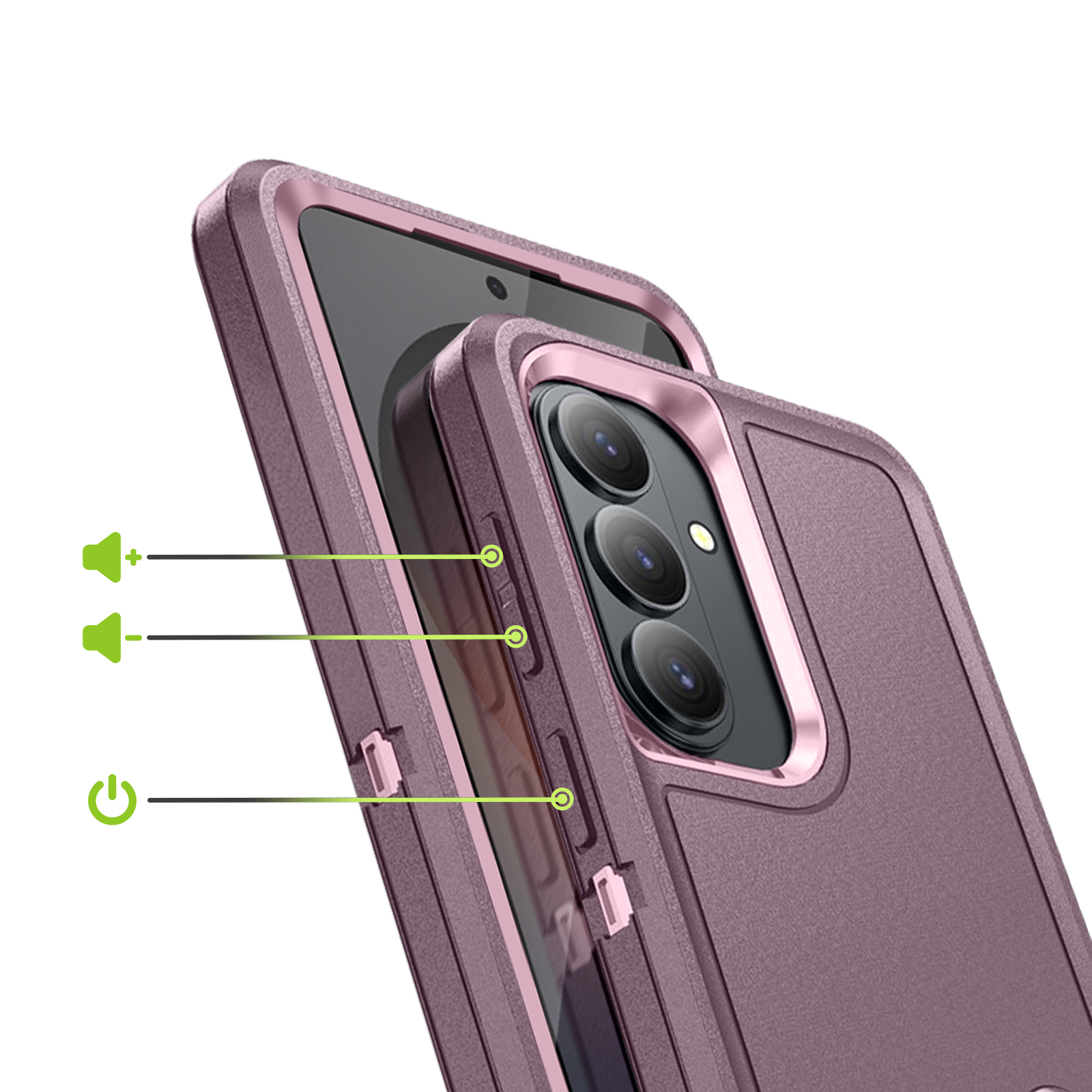 Paarse telefoonhoes met volume- en aan/uit-knoppen, cameralenzen.