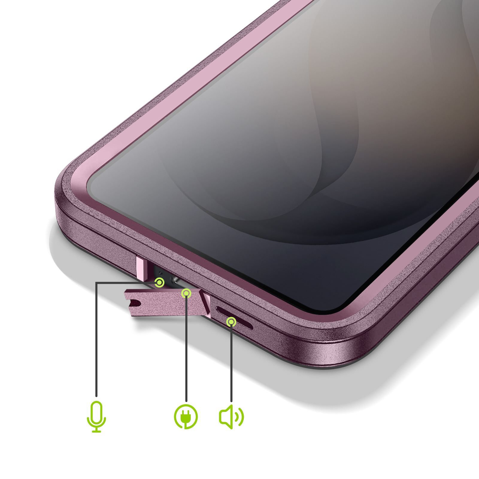 Paarse telefoonhoes met microfoon-, laad- en luidsprekerpictogrammen.