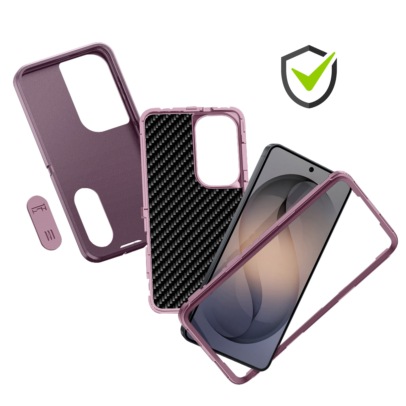 Rosé gouden telefoonhoes frame met koolstofpatroon inzet en schildicoon.