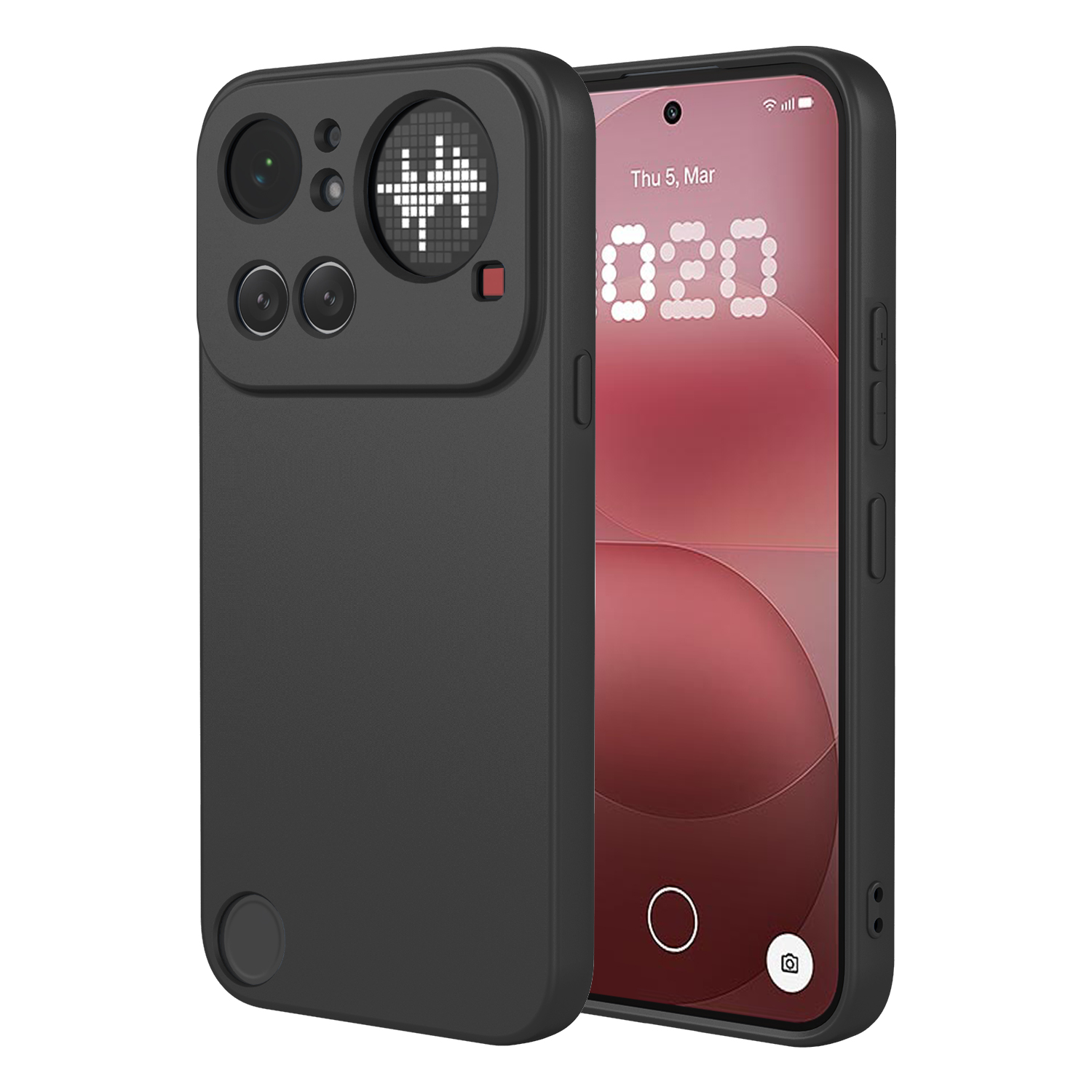 Smartphone noir avec étui caméra et écran pixelisé.