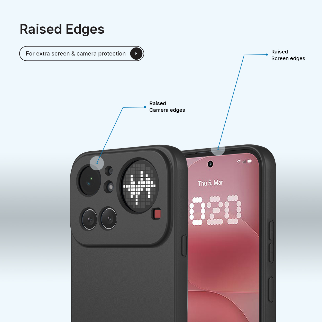 Une coque de téléphone noire avec des bords surélevés pour protéger appareil photo et écran.