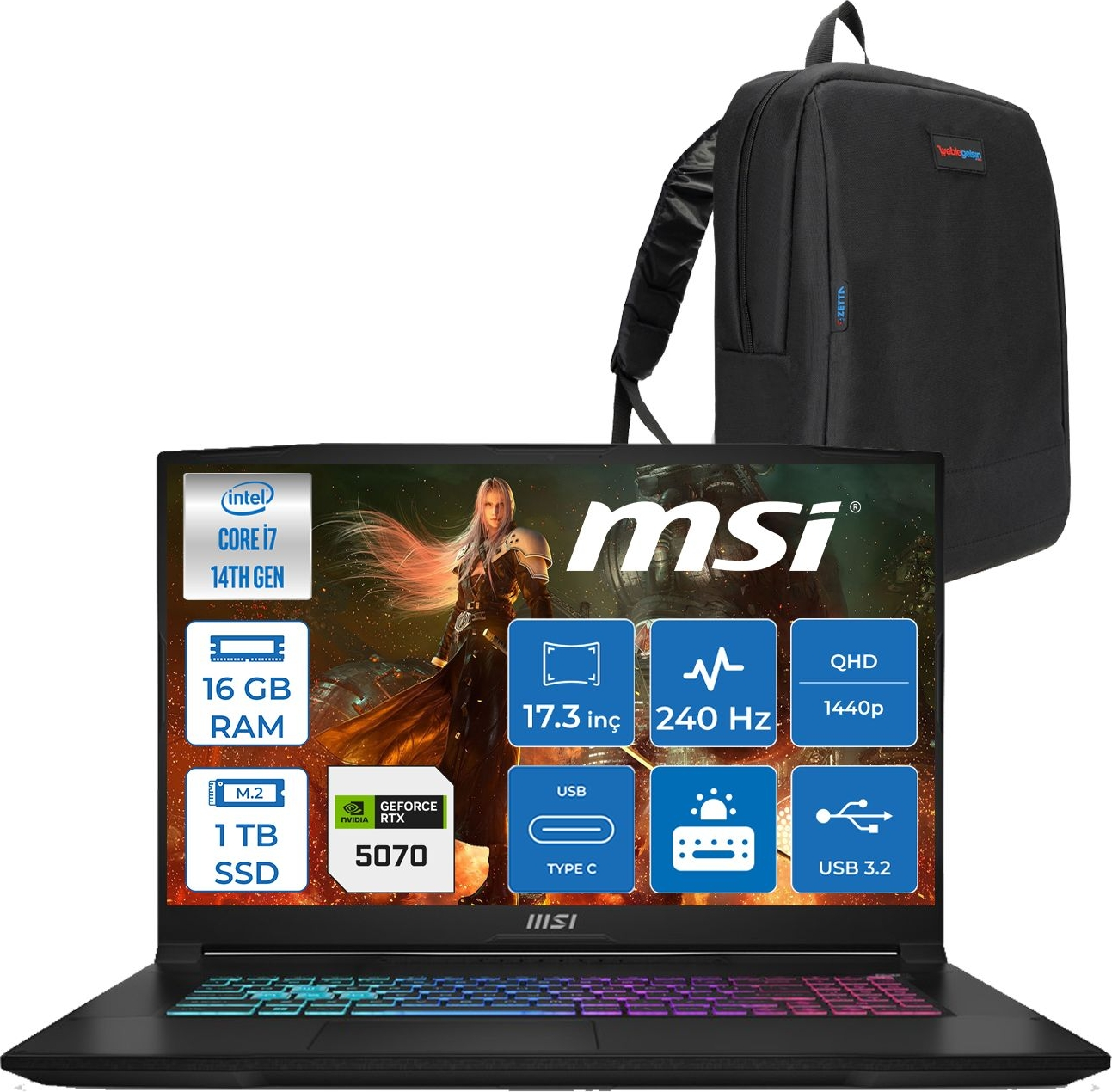 Intel Core i7, 16GB RAM, 1TB SSD, Nvidia RTX 5070'li MSI dizüstü bilgisayar. Siyah sırt çantası.