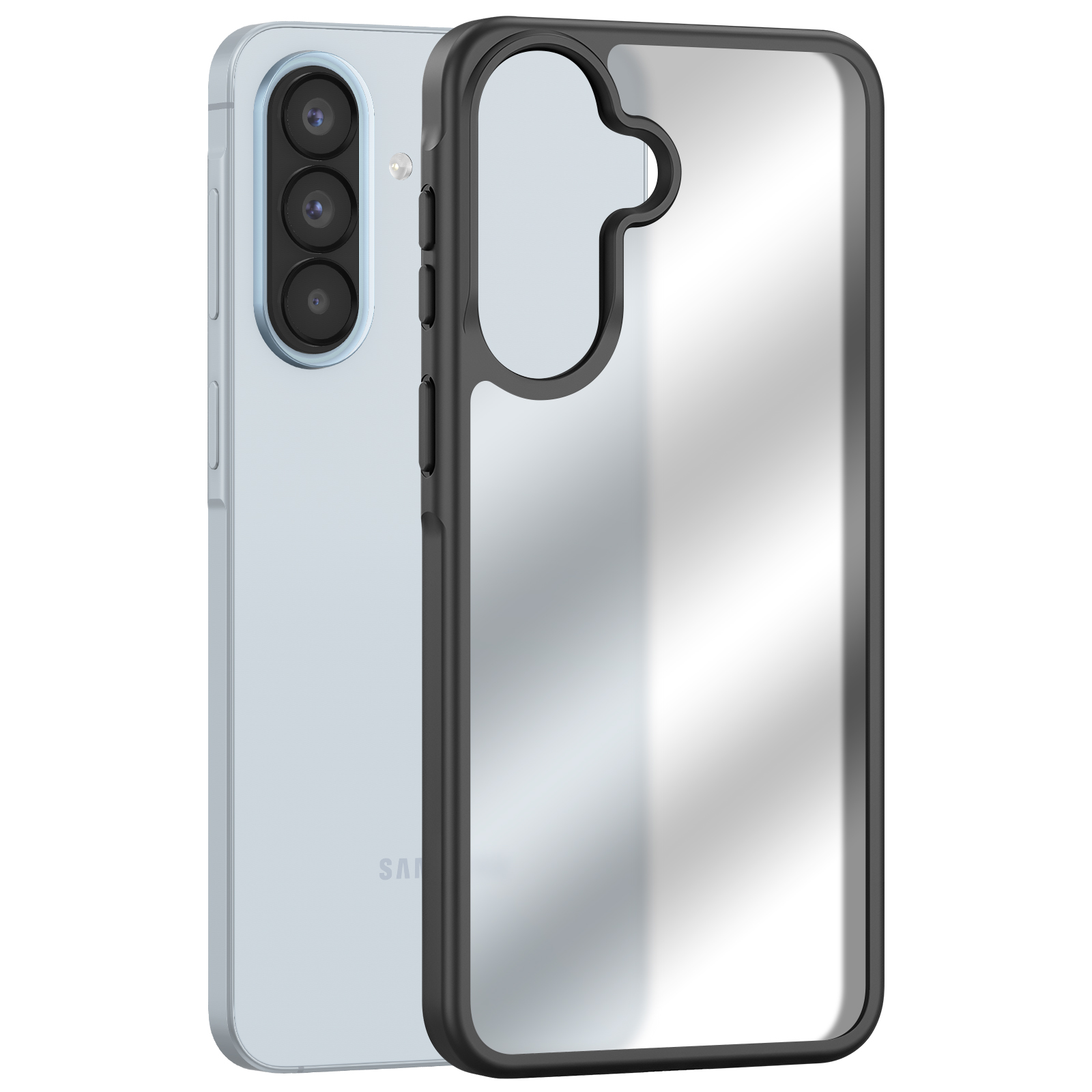 Een lichtblauwe smartphone met drie camera's naast een transparante beschermhoes.