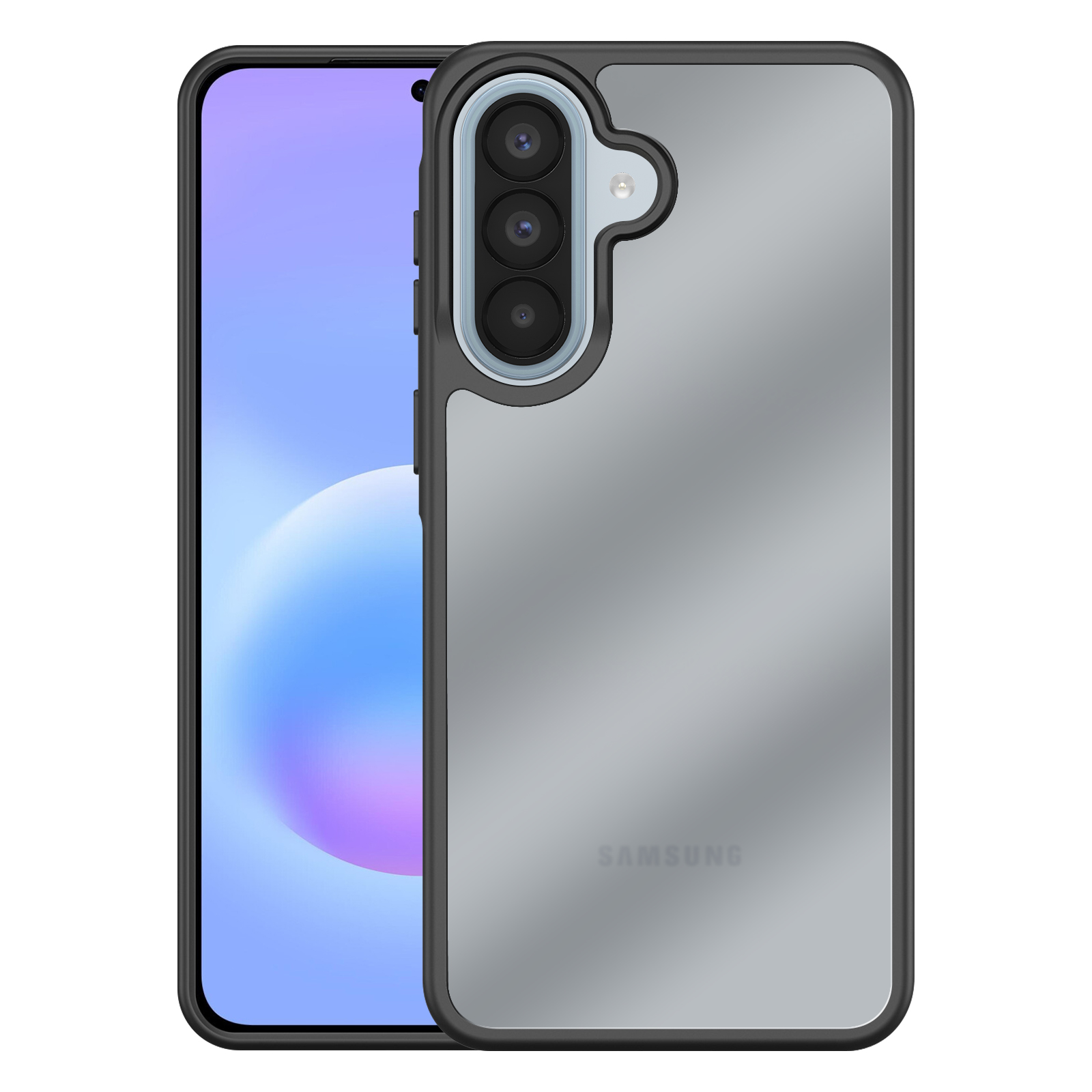 Een grijze Samsung smartphone met drievoudige camera en zwart frame.