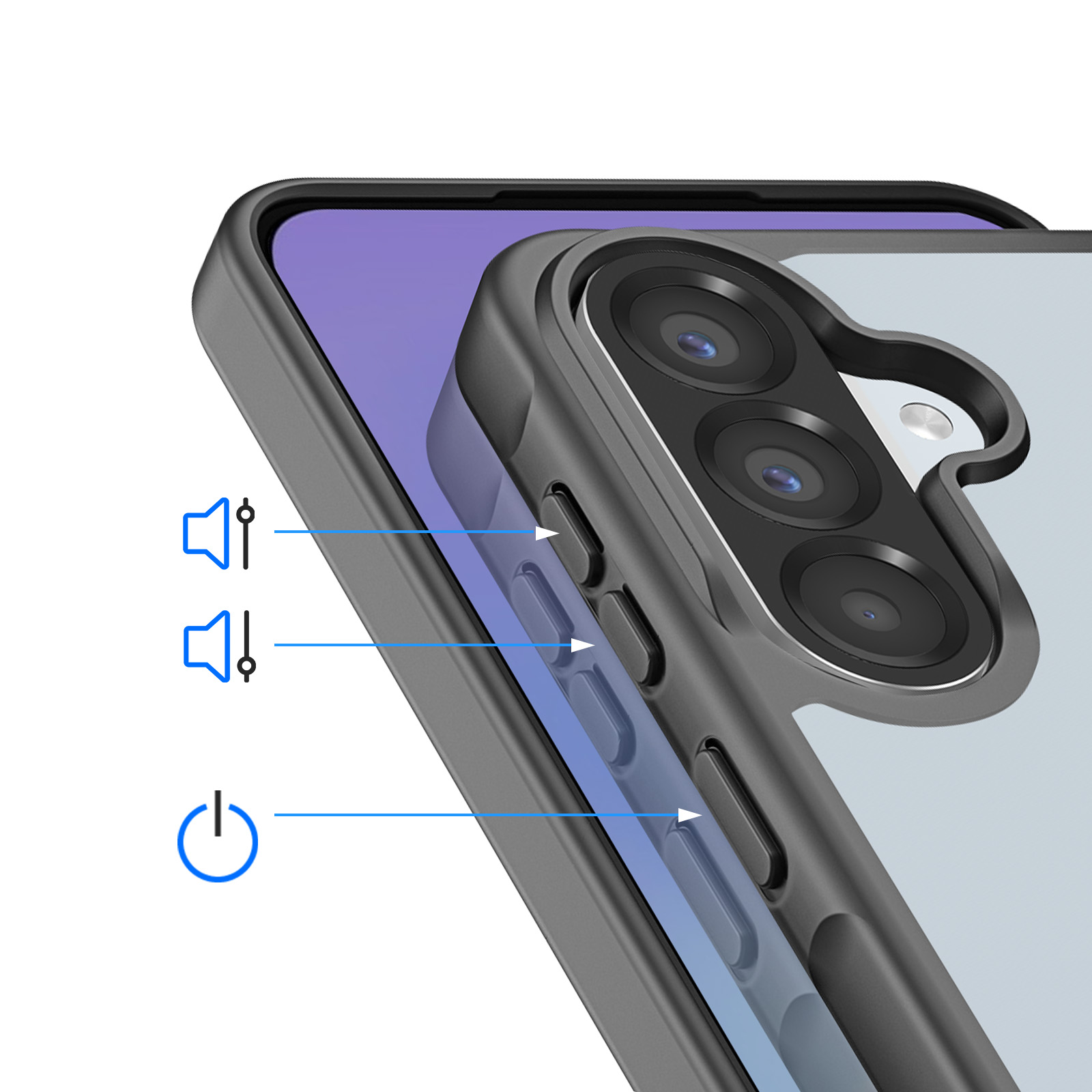 Close-up van een telefoonhoesje met volume- en aan/uit-pictogrammen.