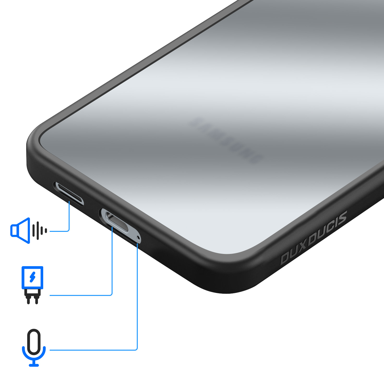 Een zwart telefoonhoesje met poorten voor luidspreker, opladen en microfoon.