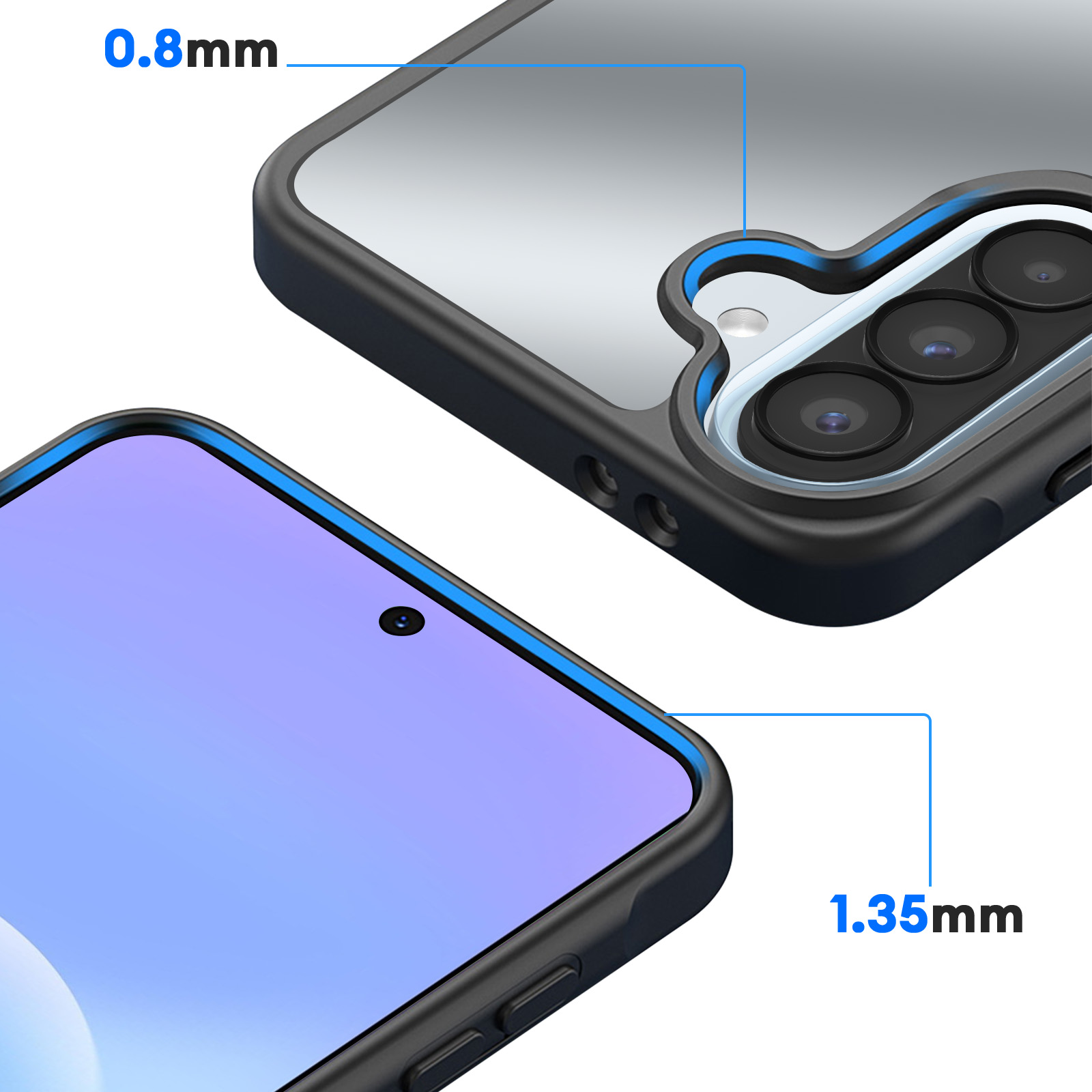 Een zwarte telefoonhoes met blauwe accenten, met een dikte van 0,8 mm en 1,35 mm.