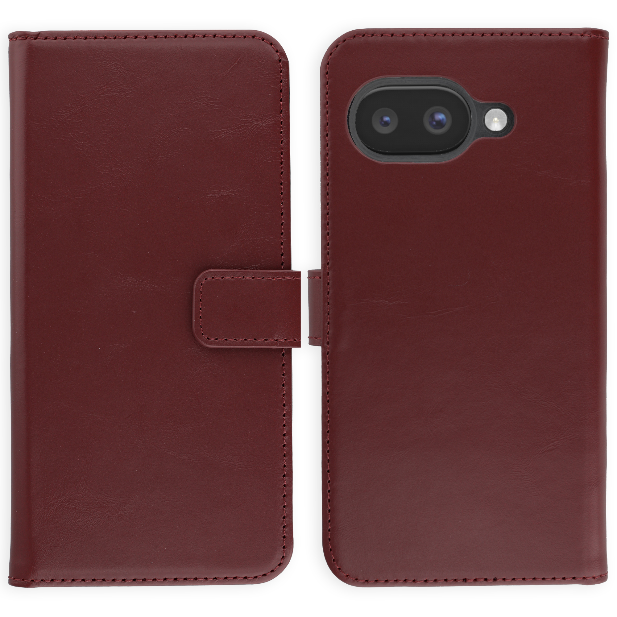Donkerrode leren flipcase voor smartphone met twee camera's.