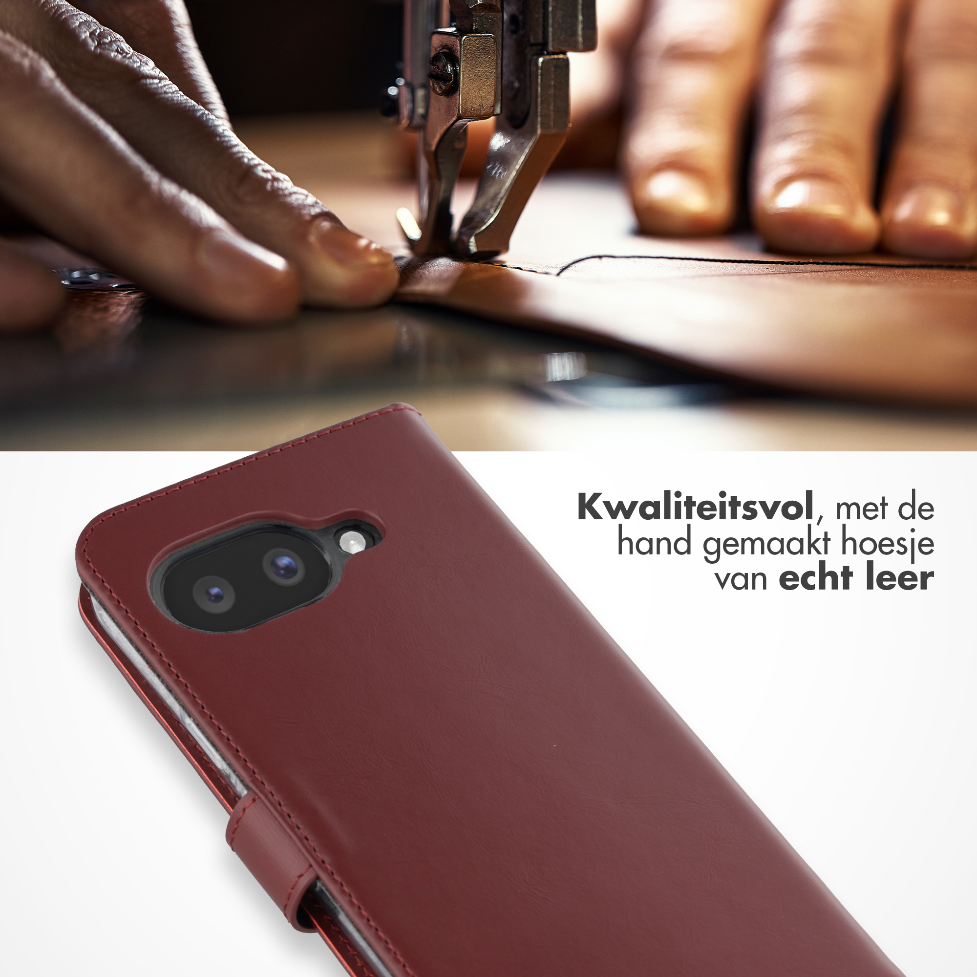 Handen naaien leer met machine; rode telefoonhoes ernaast.