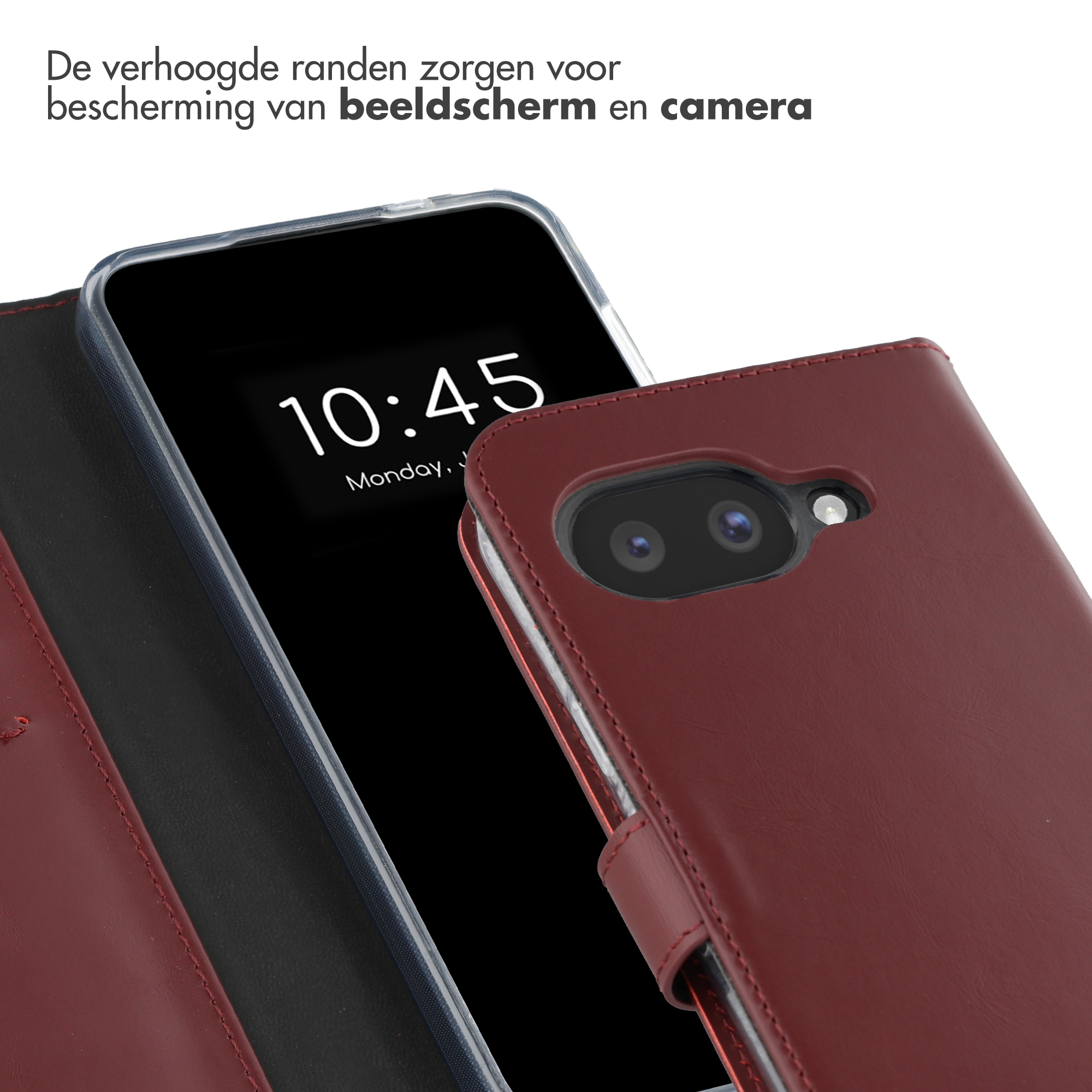 Rood leren flip case met telefoon op scherm en camera.