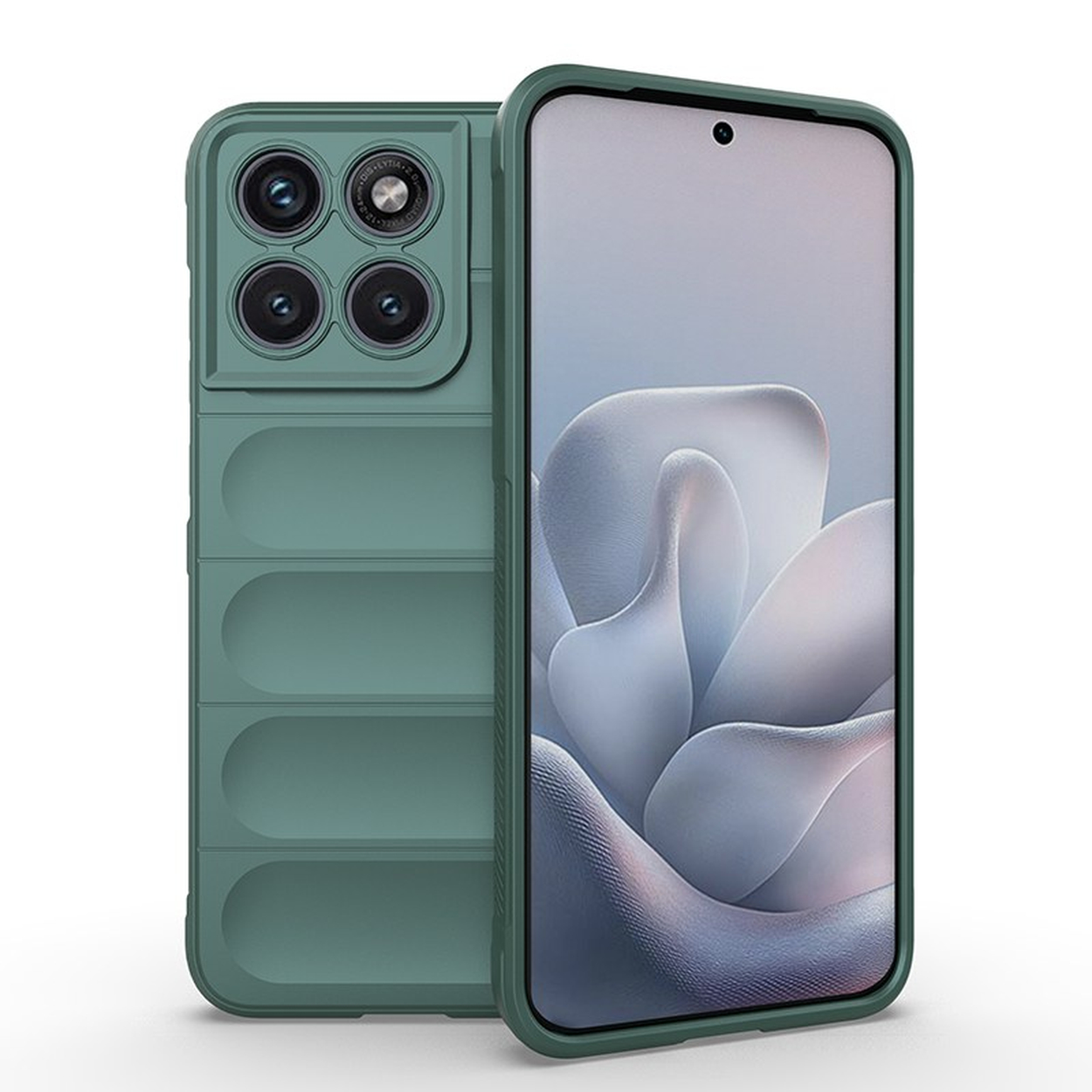 Groene telefoonhoes met quad camera en geribbelde textuur. Telefoonscherm toont abstracte kunst.